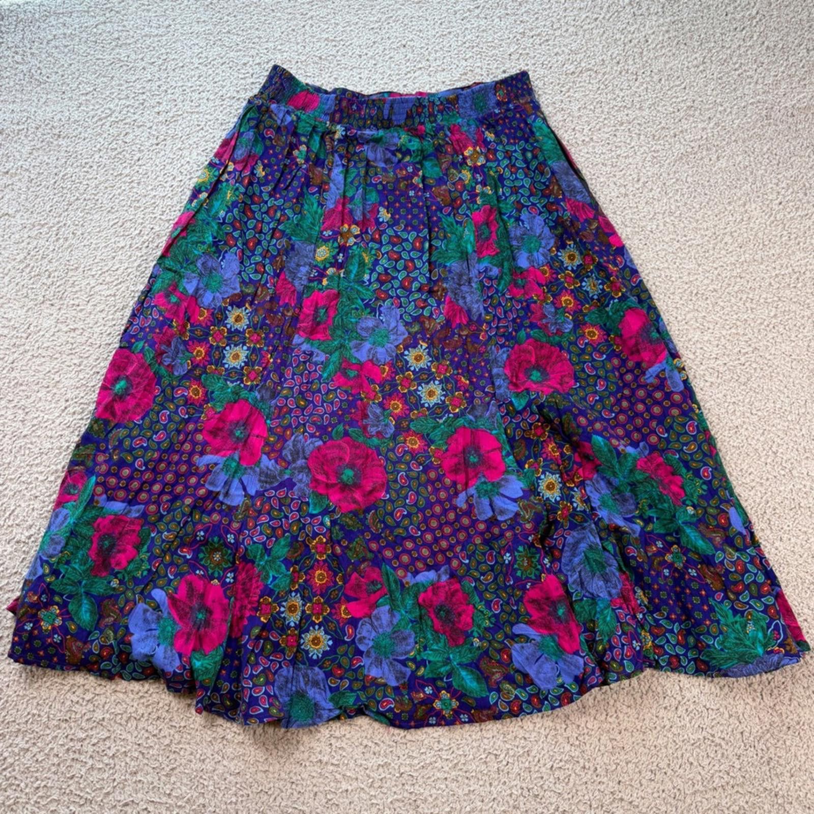 Other Vintage 90s Floral Rayon Midi Skirt Made in USA Petite 10 Size 32" / US 10 / IT 46 - 2 Thumbnail