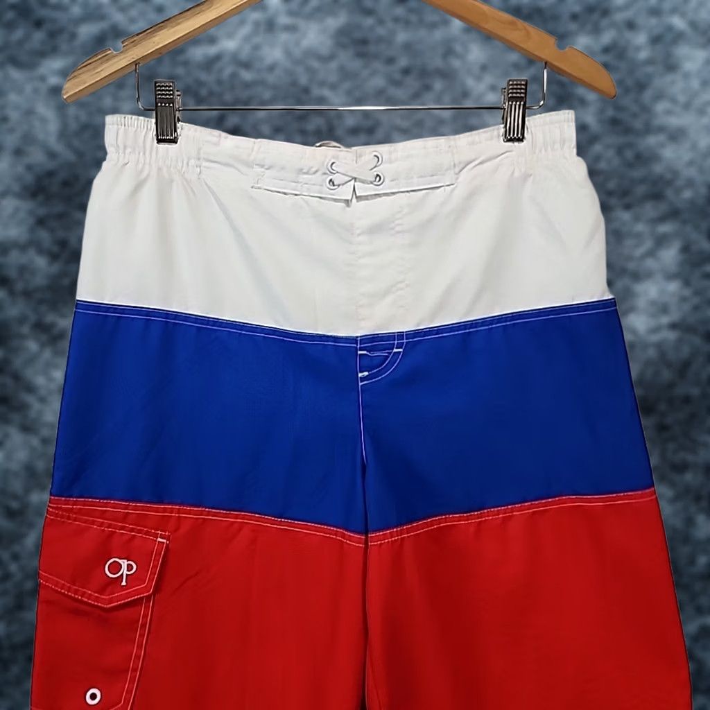 Vintage VINTAGE Ocean Pacific Striped Swim Trunks Board Shorts 2XL Men Red White Blue Lined Pockets 90s 2000s OP Surfing Beach Size US 39 - 1 Thumbnail