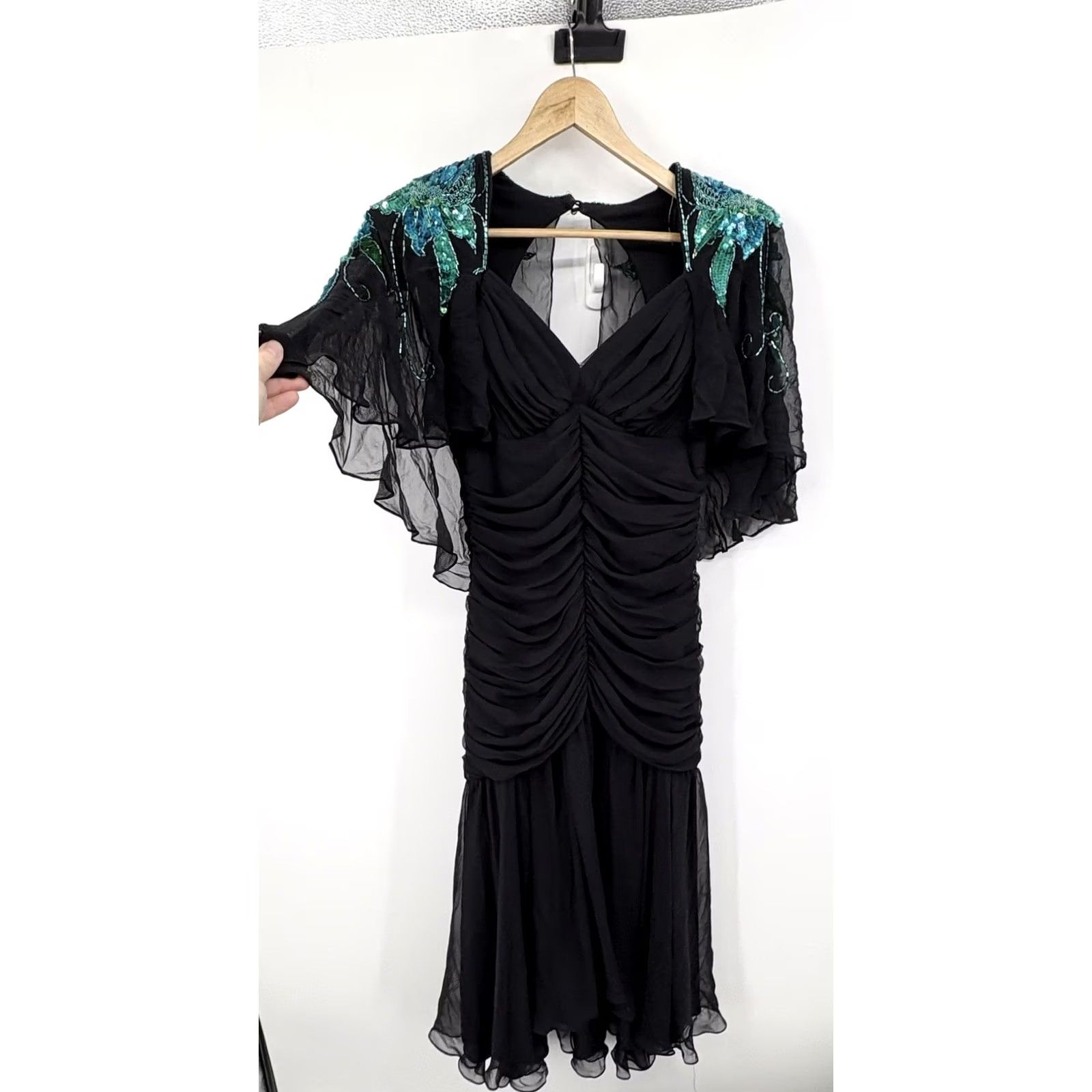 Casadei VINTAGE Casadei Dress Small Cocktail Fairy Grunge Sequin Glam Gala Capelet Draped Dress Black S Women Long Belted Caplet Flutter Sleeves Sequin Size S / US 4 / IT 40 - 2 Thumbnail