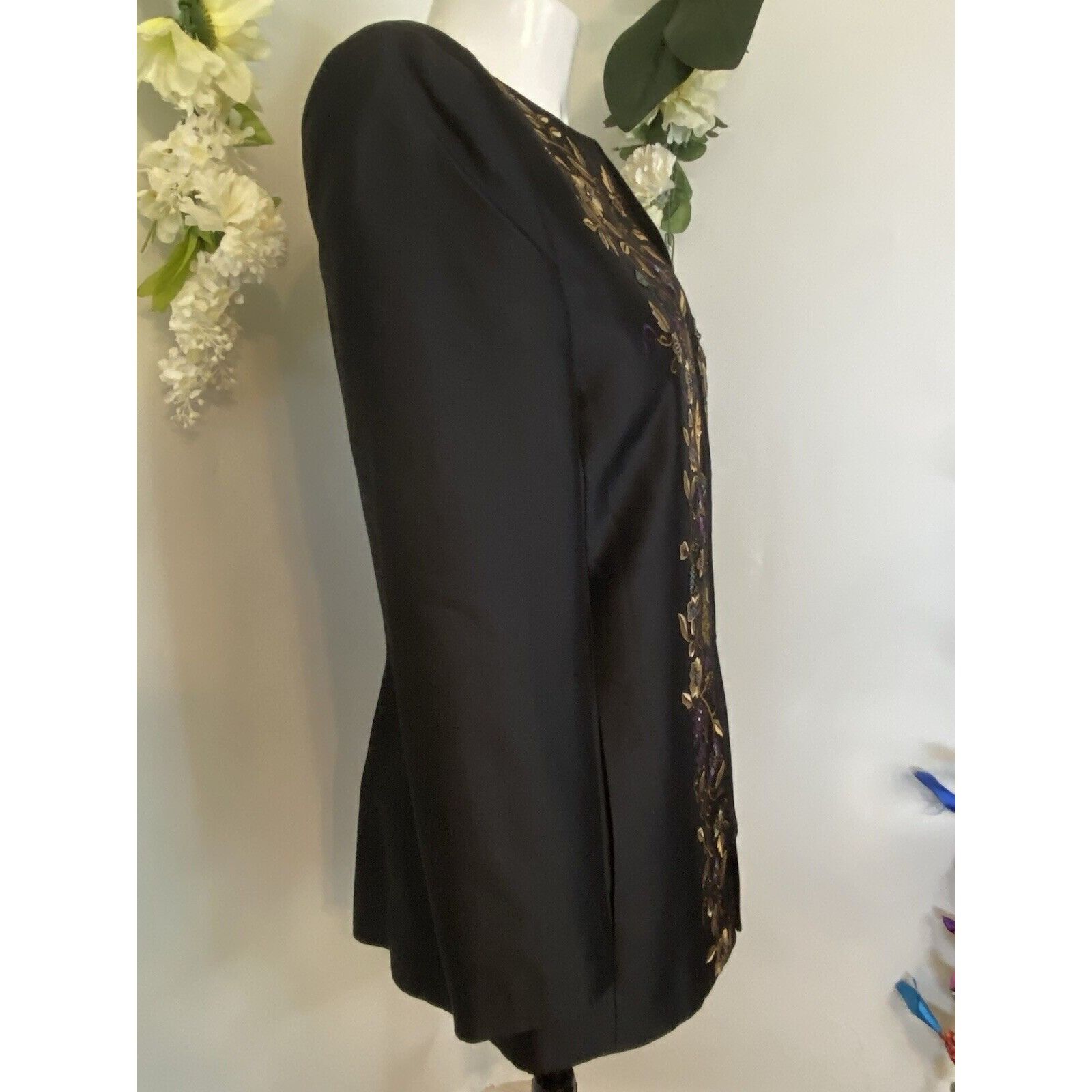 Vintage Dana Buchman Vintage Silk Jacket Long 90s Floral Embroidered Size S / US 4 / IT 40 - 15 Thumbnail