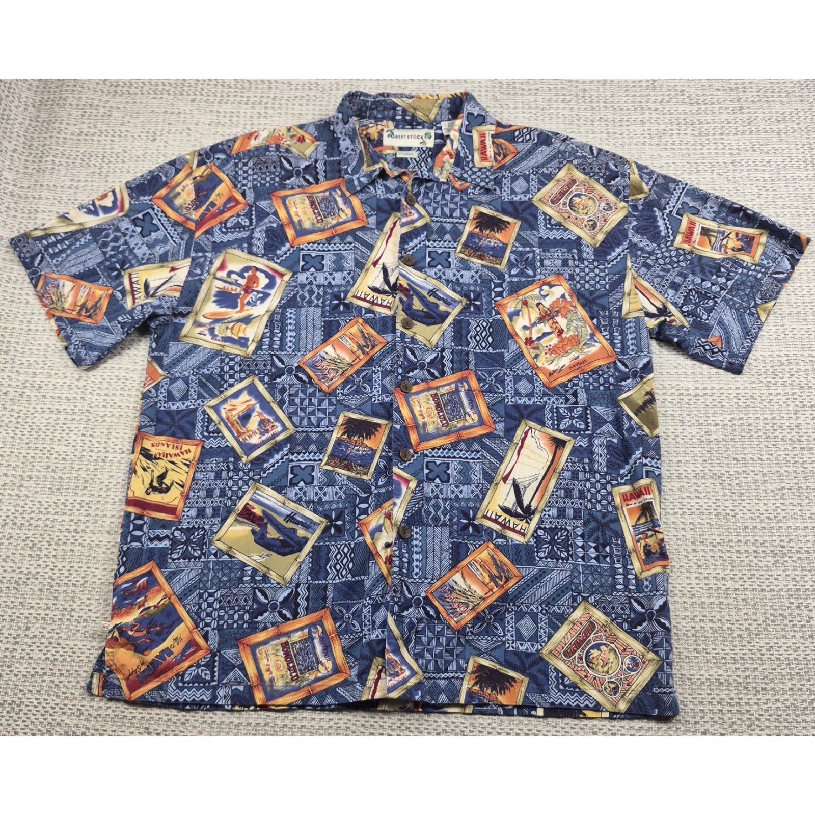 Vintage Robert Stock Shirt Mens Large Button-Up Blue Hawaiian Travel Postcard Aloha Shirt Size US L / EU 52-54 / 3 - 2 Thumbnail