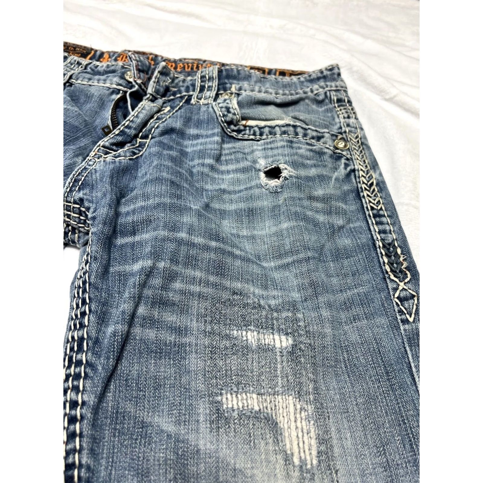 Vintage VINTAGE? ROCK REVIVAL Royce MEN'S 32 x 30 DISTRESSED STRAIGHT LEG BLUE JEANS Size US 32 / EU 48 - 6 Thumbnail