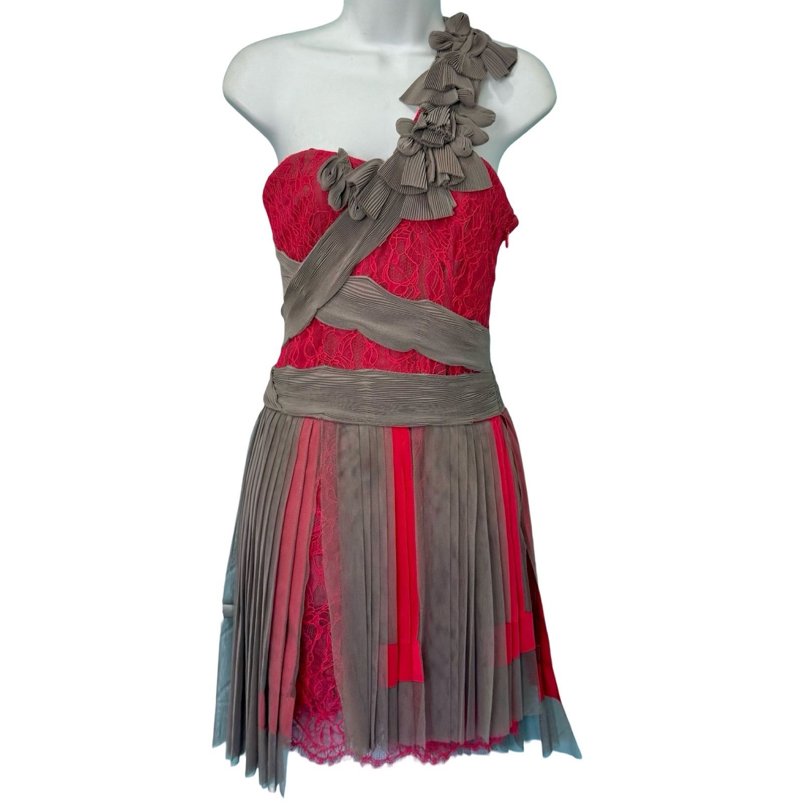 BCBGMAXAZRIA Runway Pink Lace Gray One Shoulder Dress Size