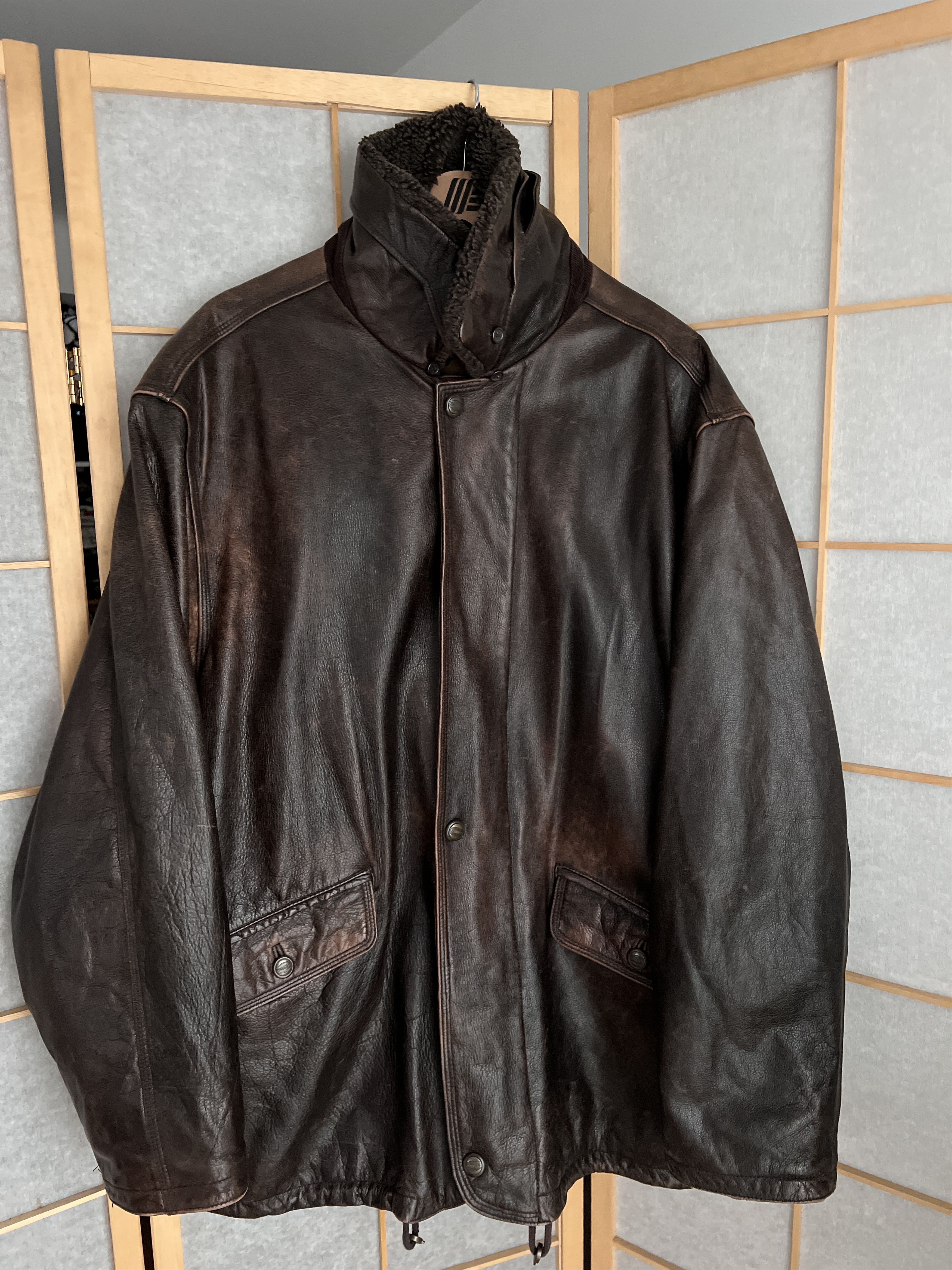 Other Crazy fit! VTG 90s Leather long hard coat jacket fur collar Size US XL / EU 56 / 4 - 10 Thumbnail