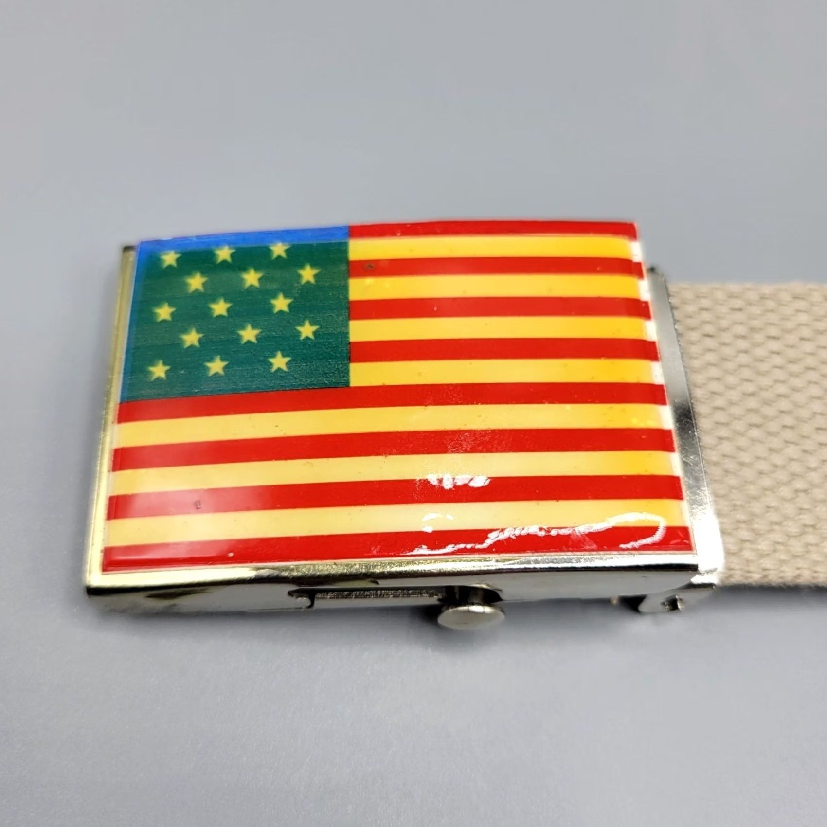 Vintage USA Flag Belt Canvas Adjustable Metal Buckle 42" Long Embroidered Beige Unisex Adults Men Women Shirts? Size 42 - 2 Thumbnail