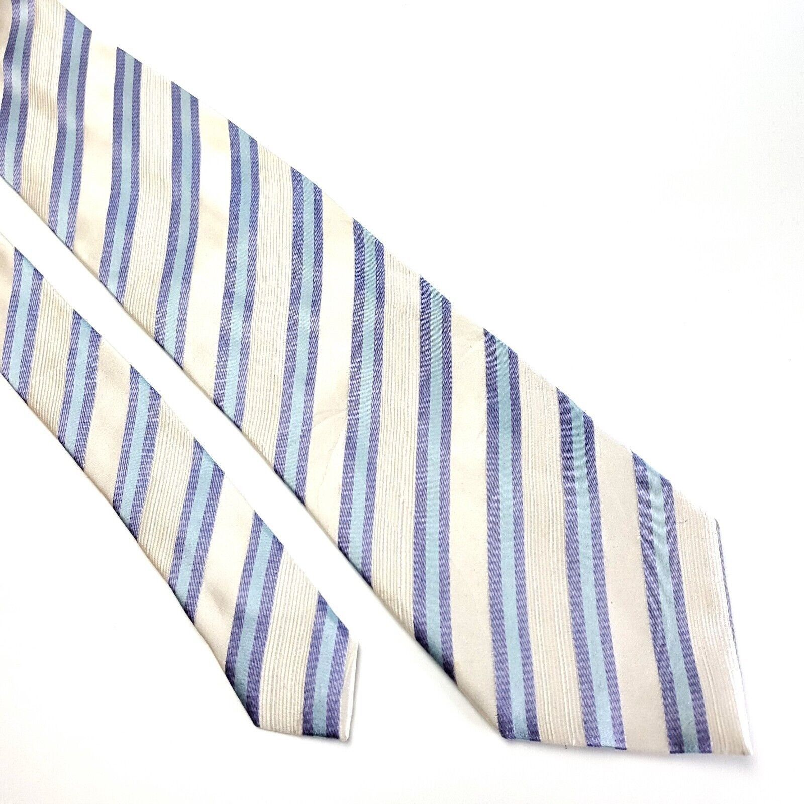 Designer Henry Jacobson Silk Tie Woven Cream Blue Striped Wide Size ONE SIZE - 1 Thumbnail