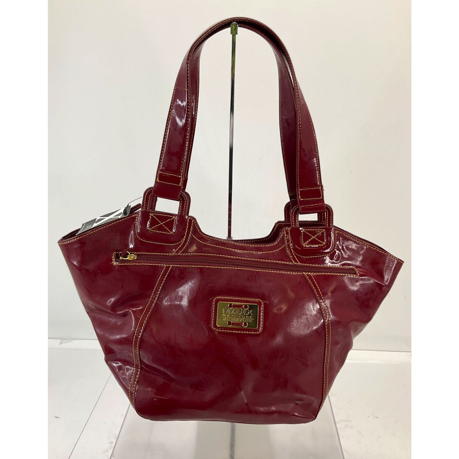 Vintage Maxx New York Signature Dark Red Faux Patent Leather Zip Tote ...