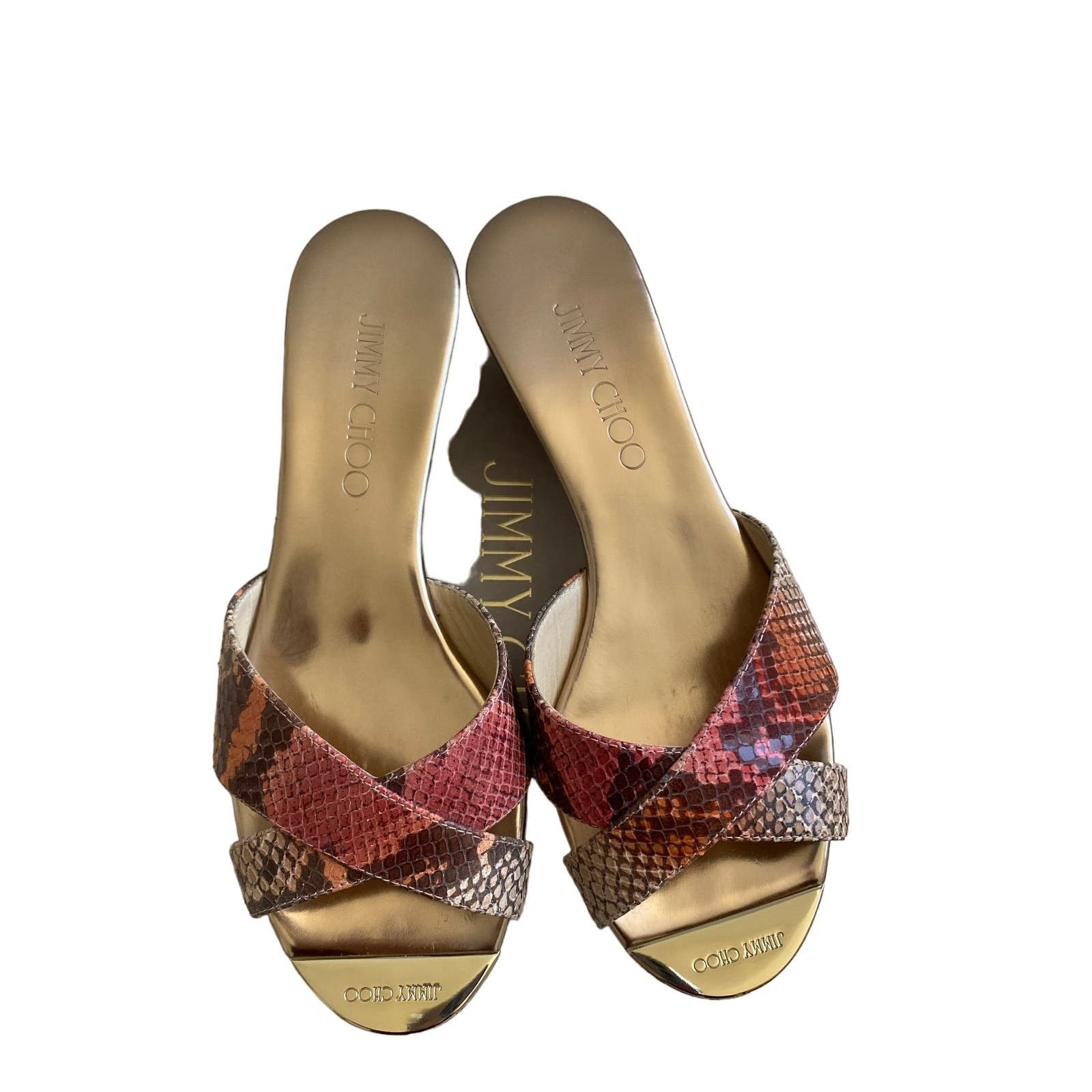 image of Jimmy Choo Panna Snake Print Metallic Slide Sandal 36 (6) in Gold, Women's