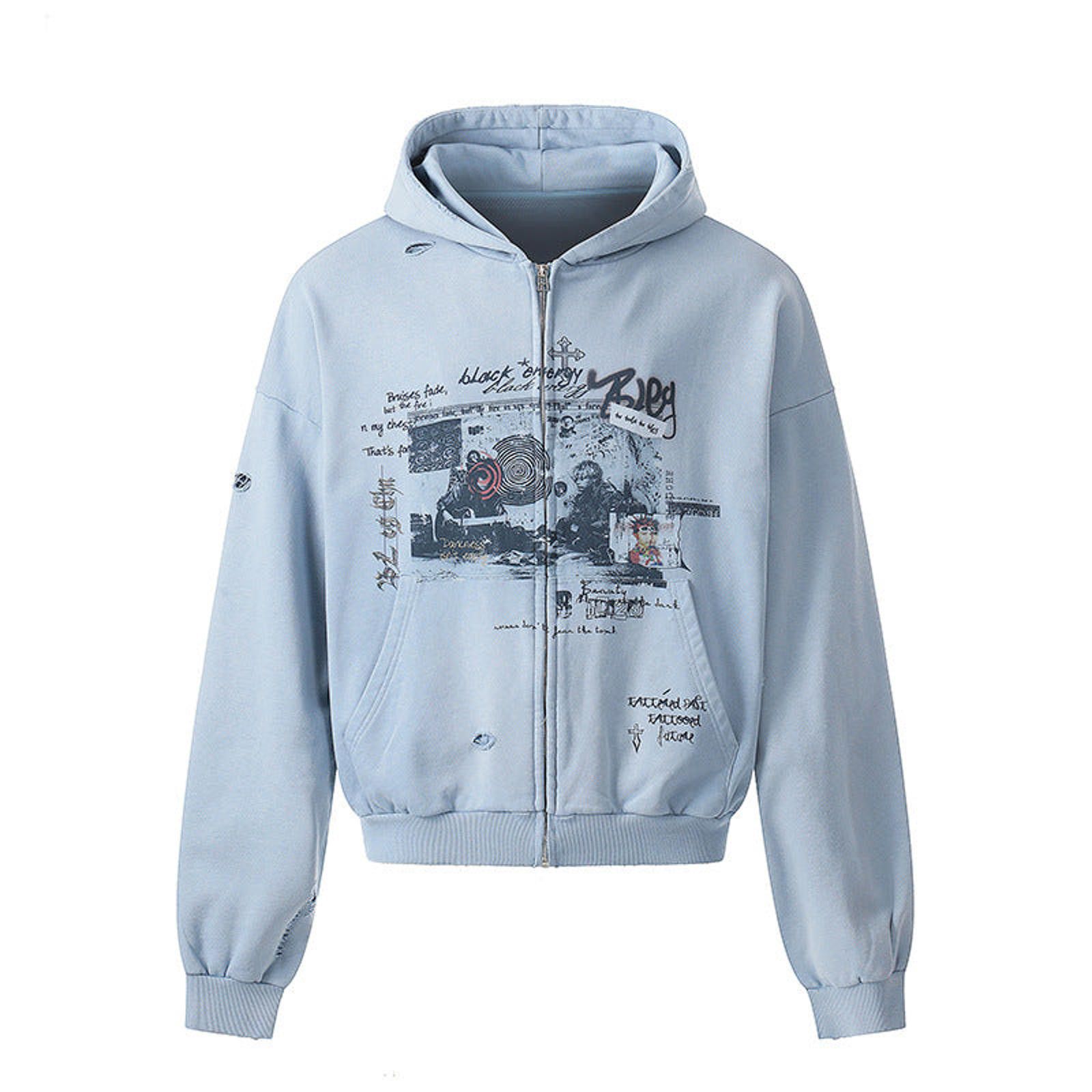 Other Ripped Print Washed Graphic Zip Hoodie | Baby Blue Size US M / EU 48-50 / 2 - 1 Thumbnail