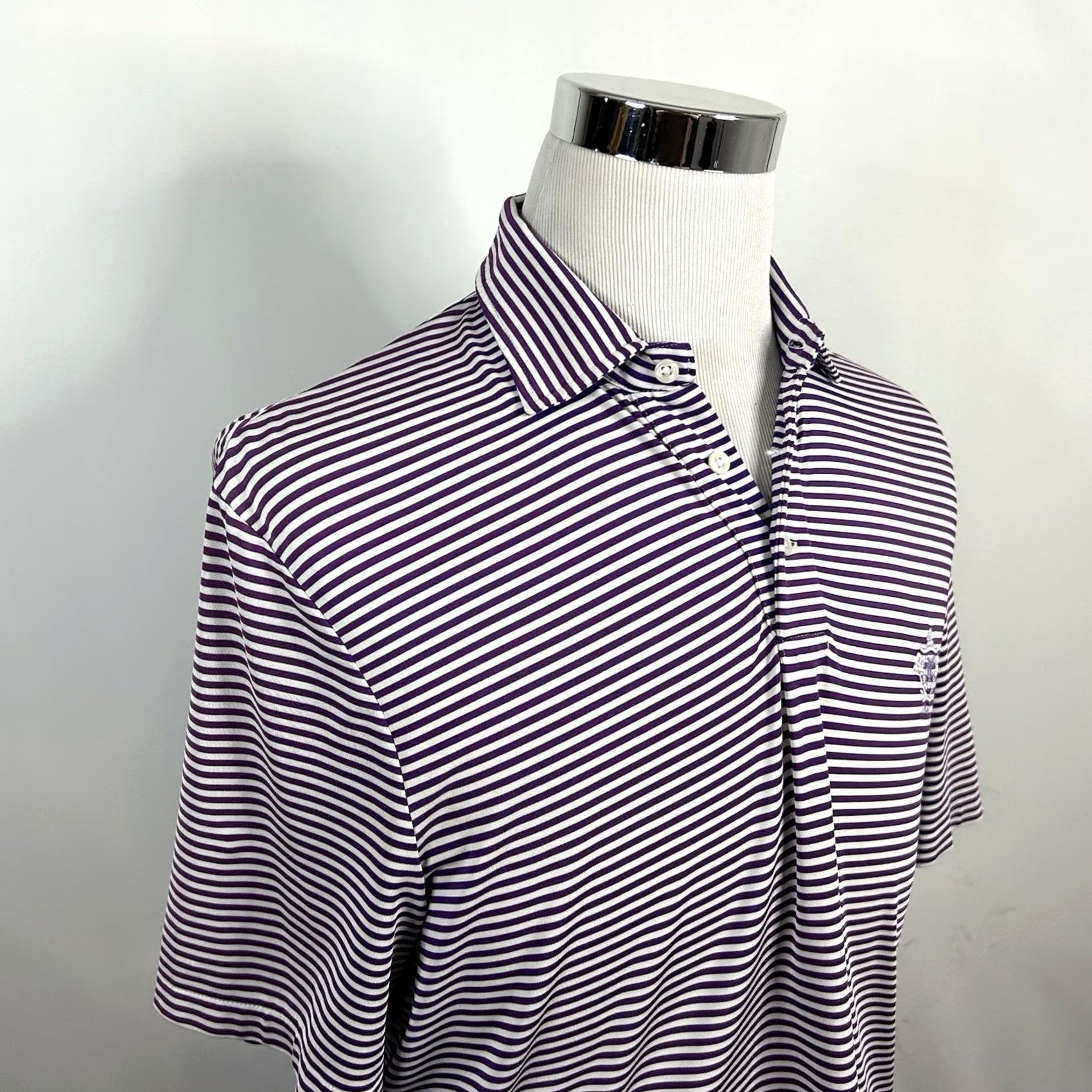 RLX Ralph Lauren RLX Ralph Lauren Medium Golf Polo Shirt Purple White Striped Polyester Blend Polo Shirt Mens M Size US M / EU 48-50 / 2 - 2 Thumbnail