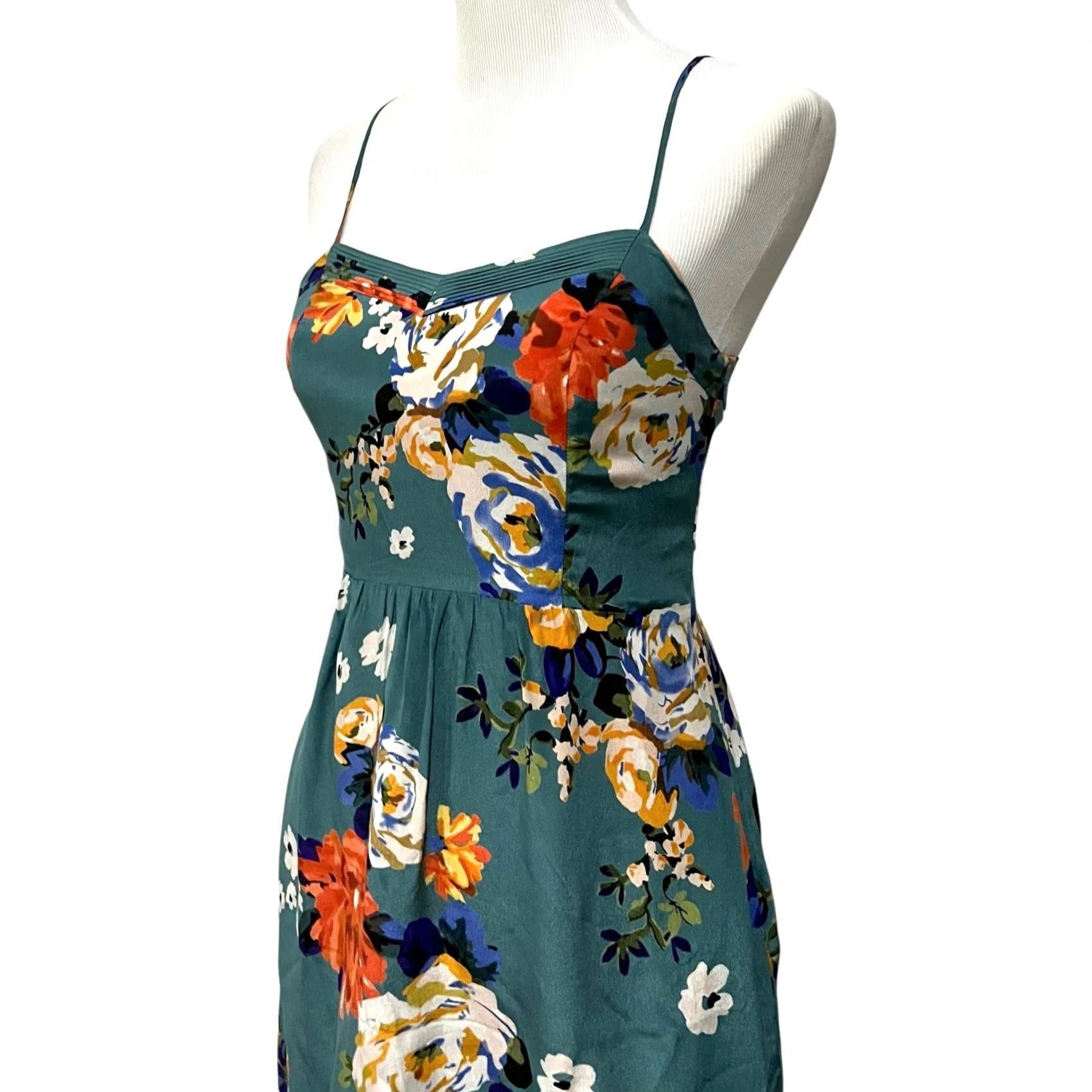 Vintage Moulinette Soeurs Silk Slip Dress Spaghetti Straps Green Floral w/ Pockets Sz 2 Size XS / US 0-2 / IT 36-38 - 4 Thumbnail