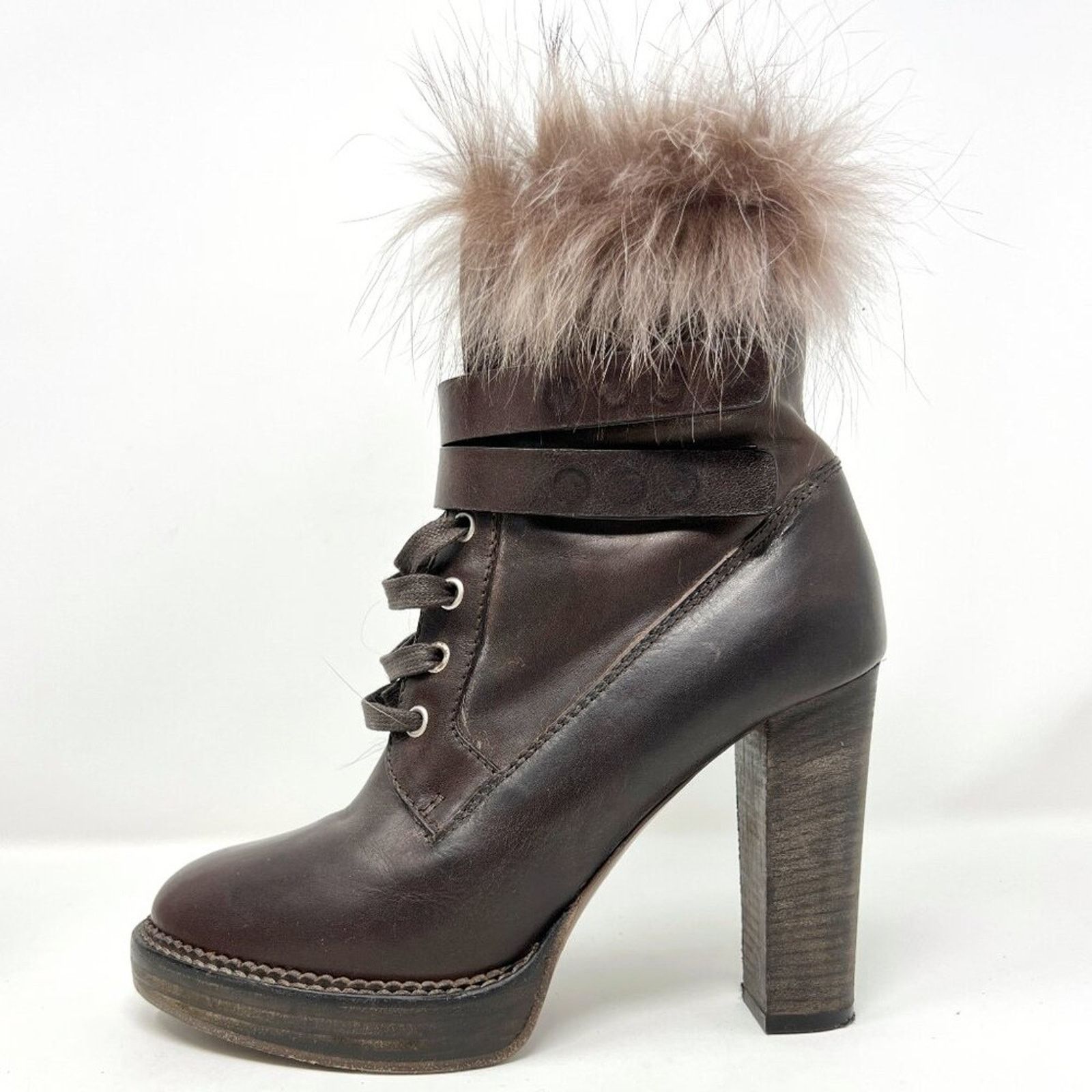 Brunello Cucinelli Brunello Cucinelli Brown Leather Fur Lace-Up High Heel Boots Size US 7.5 / IT 37.5 - 1 Thumbnail