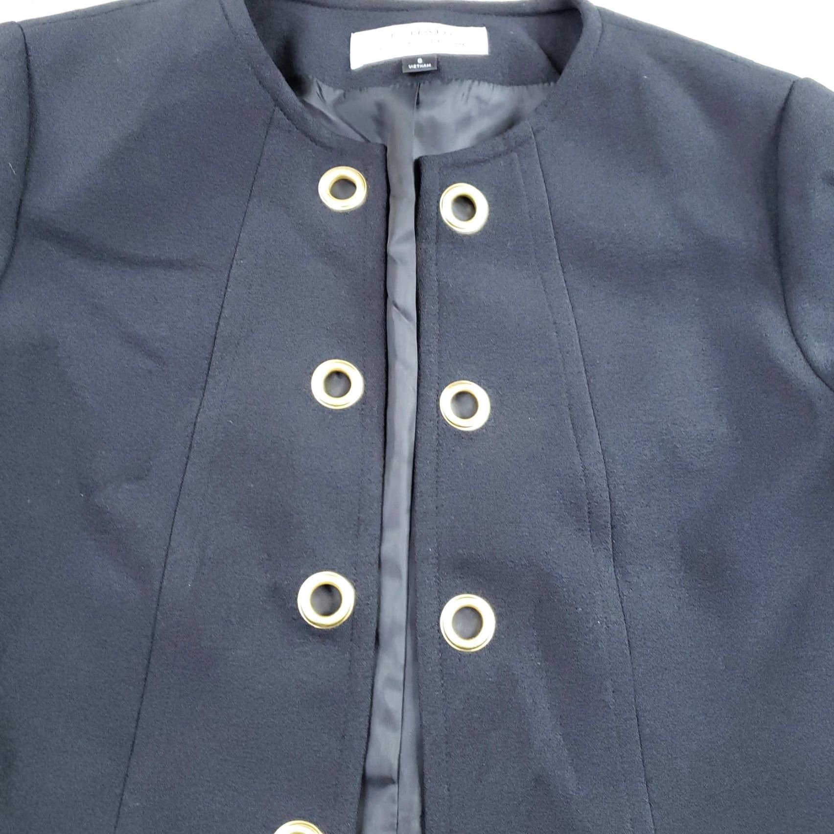 Vintage Tahari Blazer Womens 8 Black Collarless Cropped Eyelets Open Career Business Jacket Short Sleeve Slim Lined Solid Fall Spring Women Size M / US 6-8 / IT 42-44 - 6 Thumbnail
