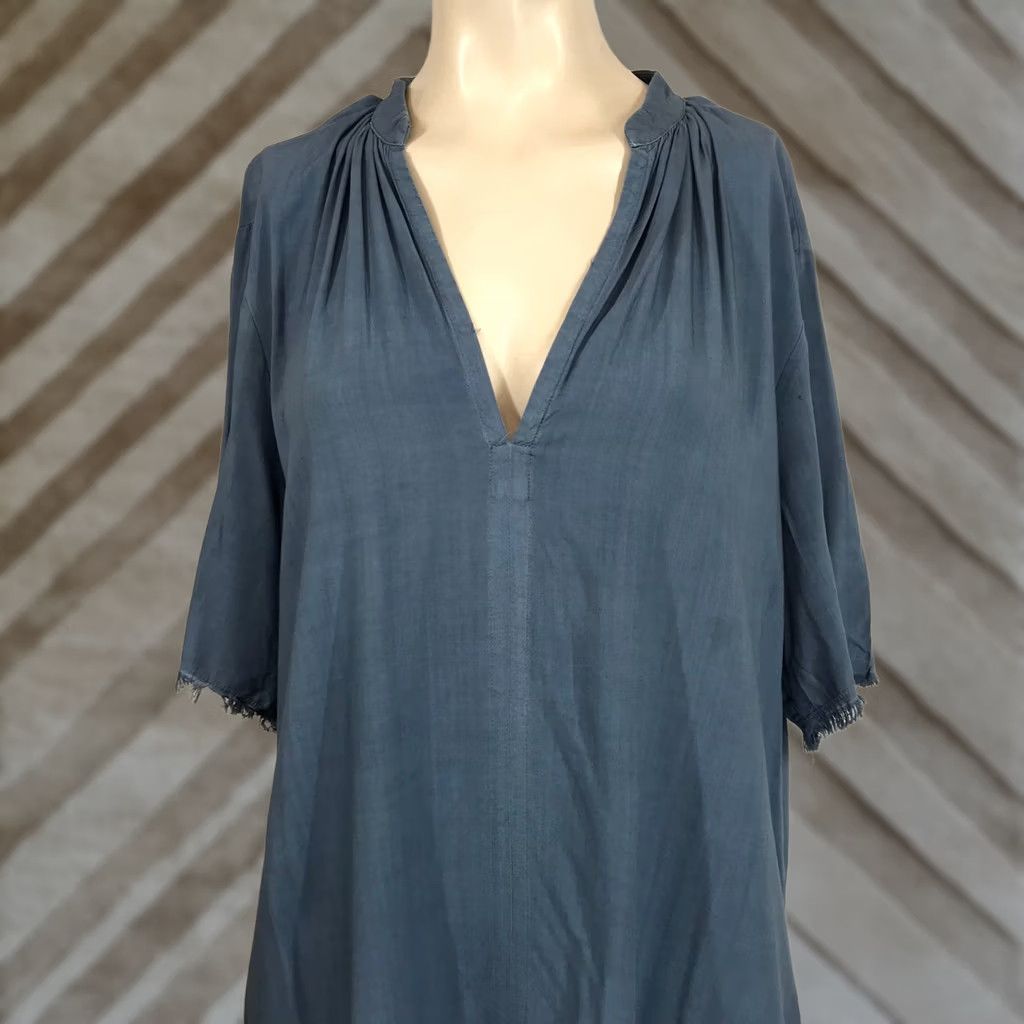 Vintage The Odells Blue V-Neck Tunic Dress Kaftan Shirt Dress L Womens Boho Fringe Pockets Asymmetric Rayon Spring Summer Casual Size L / US 10 / IT 46 - 1 Thumbnail