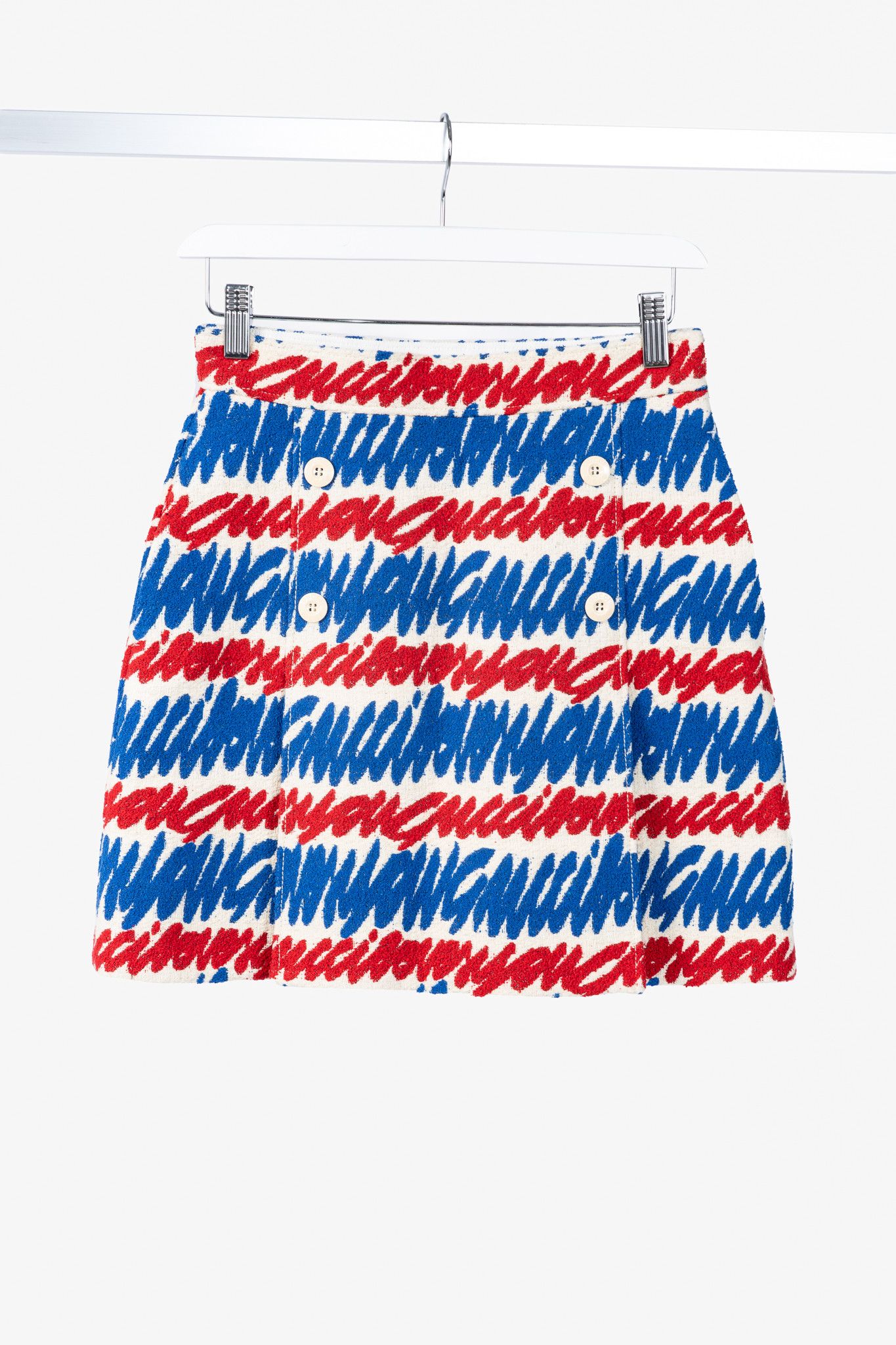 Gucci Gucci Ivory, Blue & Red Script-Print Cotton-Tweed Mini Skirt Size 26" / US 2 / IT 38 - 1 Thumbnail