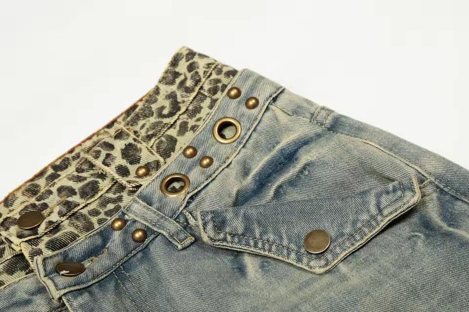 Jean Leopard Streetwear Baggy Y2k Loose Jeans Pants Size US 35 - 4 Thumbnail