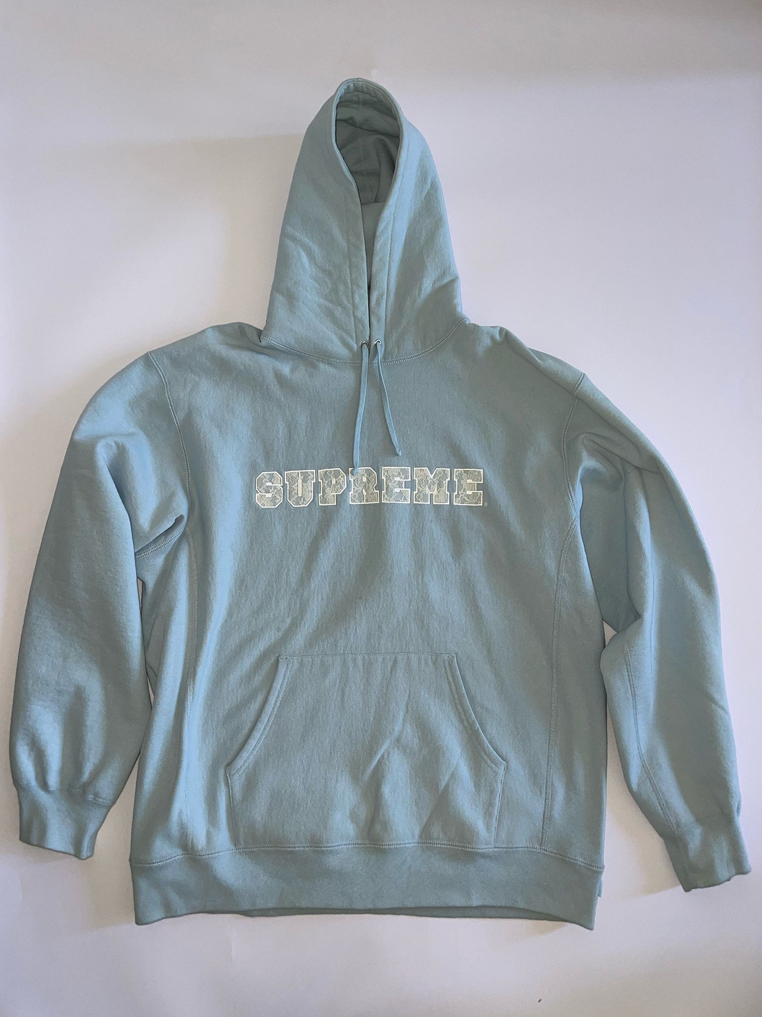 image of Supreme Baby Blue Logo Lace Hoodie, Men's (Size 2XL)