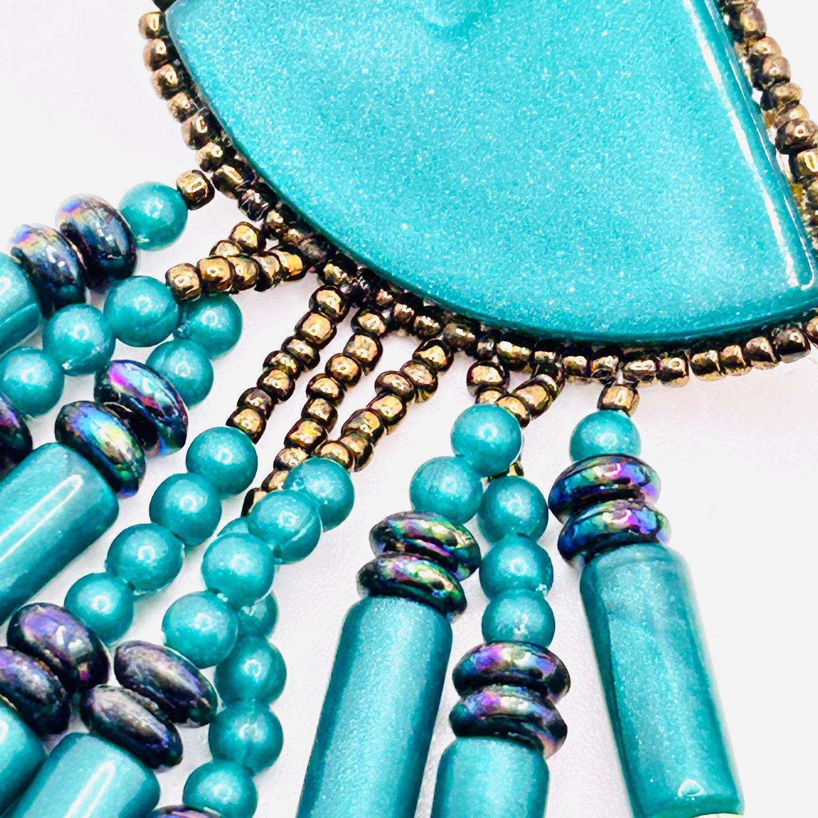 Handmade Vintage 80s Teal Turquoise Beaded Fringe Statement Earrings Size ONE SIZE - 3 Thumbnail