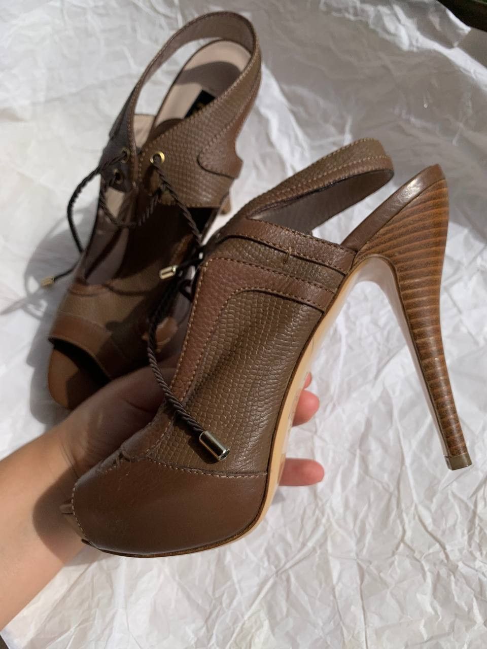 Escada × Vintage Escada vintage brown leather gladiators on heels Size US 8 / IT 38 - 6 Thumbnail