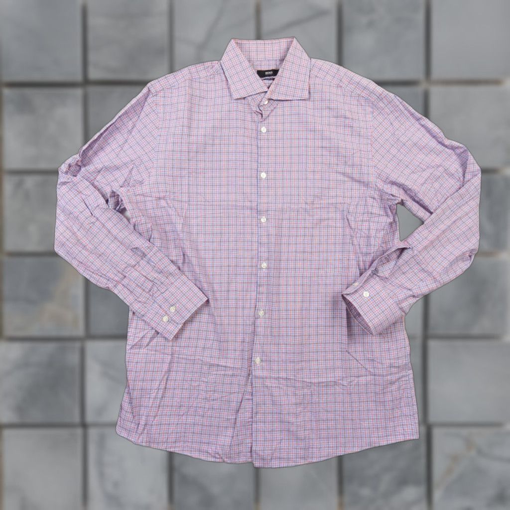 Hugo Boss HUGO BOSS Men's Button-Up Shirt Size 17 Long Sleeve Purple Check Plaid Regular Fit Preppy Size 46R - 1 Thumbnail