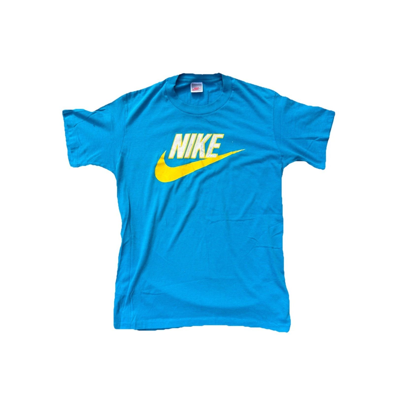 Nike Vintage 80s Nike Swoosh Logo T-Shirt Blue Yellow Made in USA Size US L / EU 52-54 / 3 - 1 Thumbnail