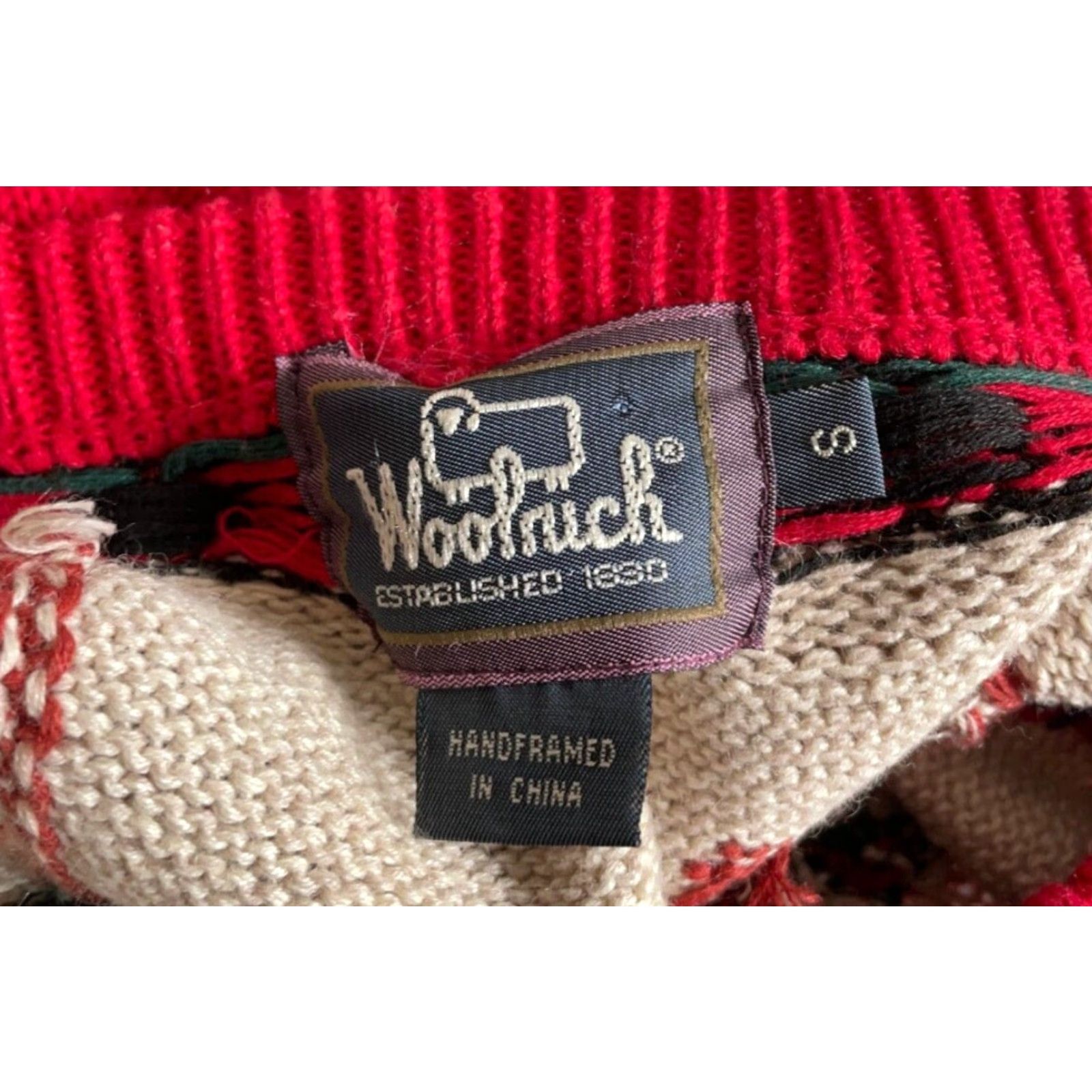 Vintage Woolrich Cardigan Women's Small Red Beige Autumn Motif Embroidered Crew Neck Knit Geometric Ramie-Cotton Lightweight Vintage: No Size S / US 4 / IT 40 - 3 Thumbnail