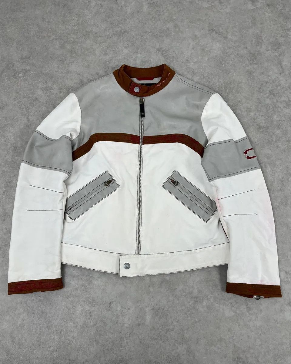 2000s Armani European Ride White & Red Biker Leather Jacket