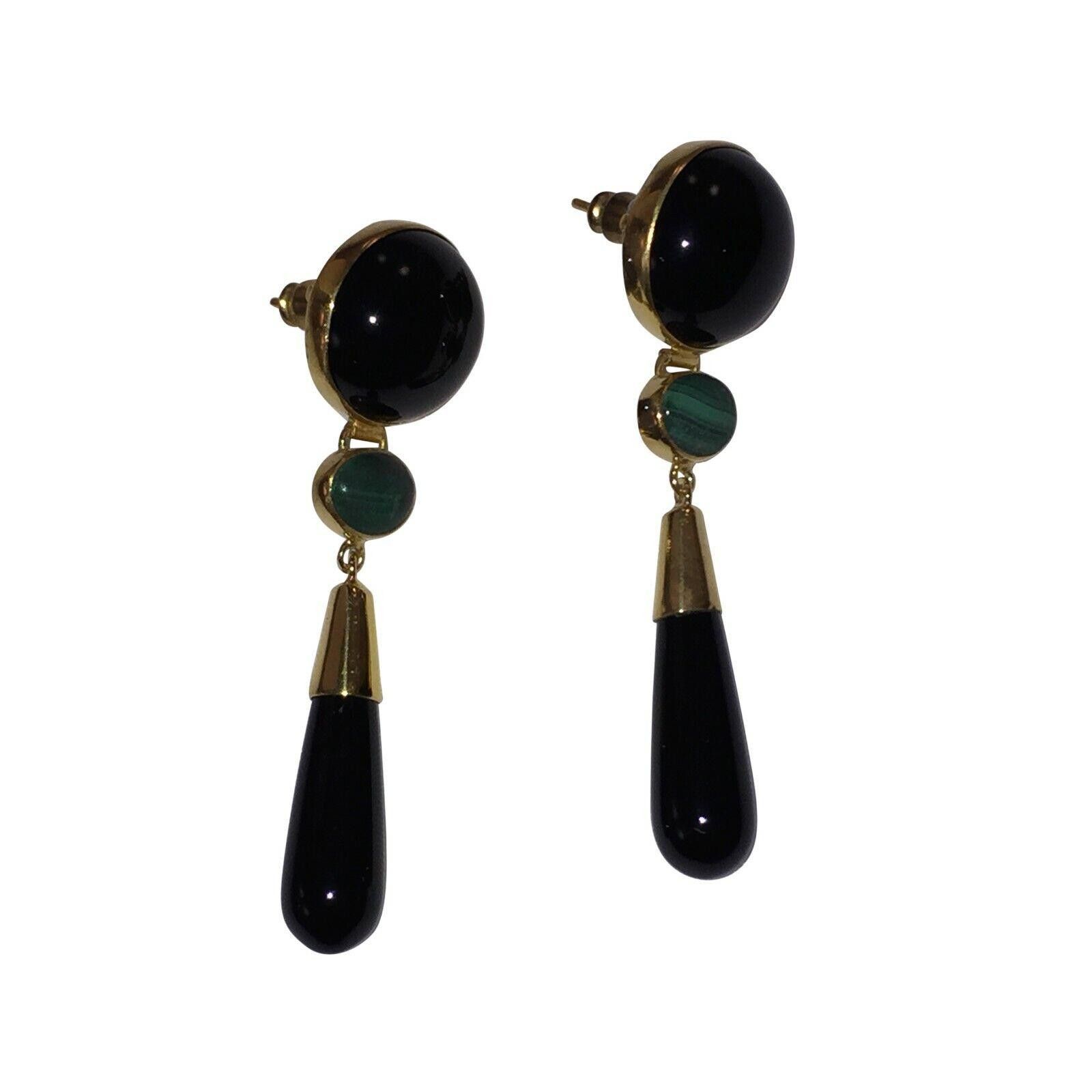 Designer Chinese 18ktGold Plated Sterling Onyx Malachite Drop Earring Size ONE SIZE - 3 Thumbnail