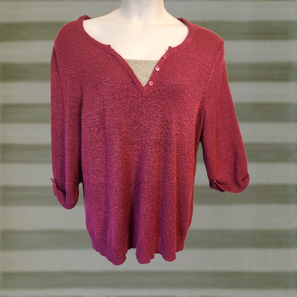 Vintage Catherines Sweater Tunic Magenta Layered Look Roll Tab Sleeve 0X 14 16 Size XL / US 12-14 / IT 48-50 - 1 Thumbnail