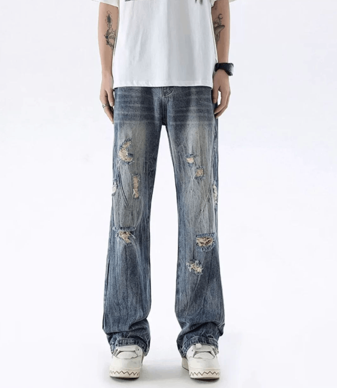 Jean Street men's heavy washed distressed ripped flared jeans Size US 32 / EU 48 - 1 Thumbnail
