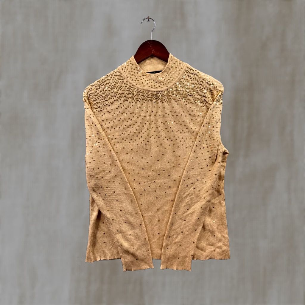 Vintage VINTAGE Designers Originals Gold Sequin Mock Neck Ribbed Metallic Knit Sweater Womens XL Size XL / US 12-14 / IT 48-50 - 1 Thumbnail
