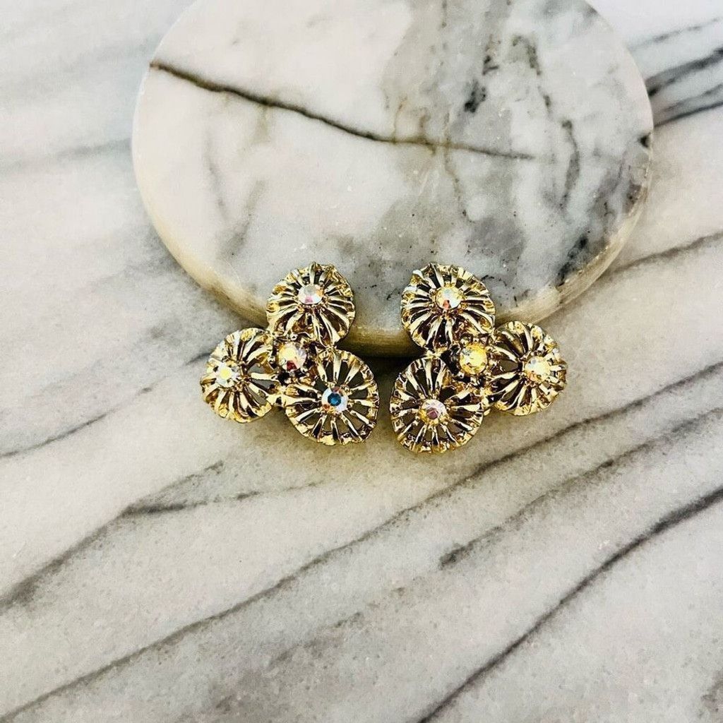 Vintage Vintage AB Crystal Earrings Clip On Gold Toned Metal Size ONE SIZE - 1 Thumbnail