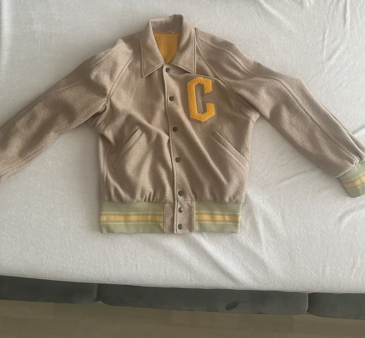 image of Cmmn Swdn Varsity Jacket in Beige, Men's (Size Medium)
