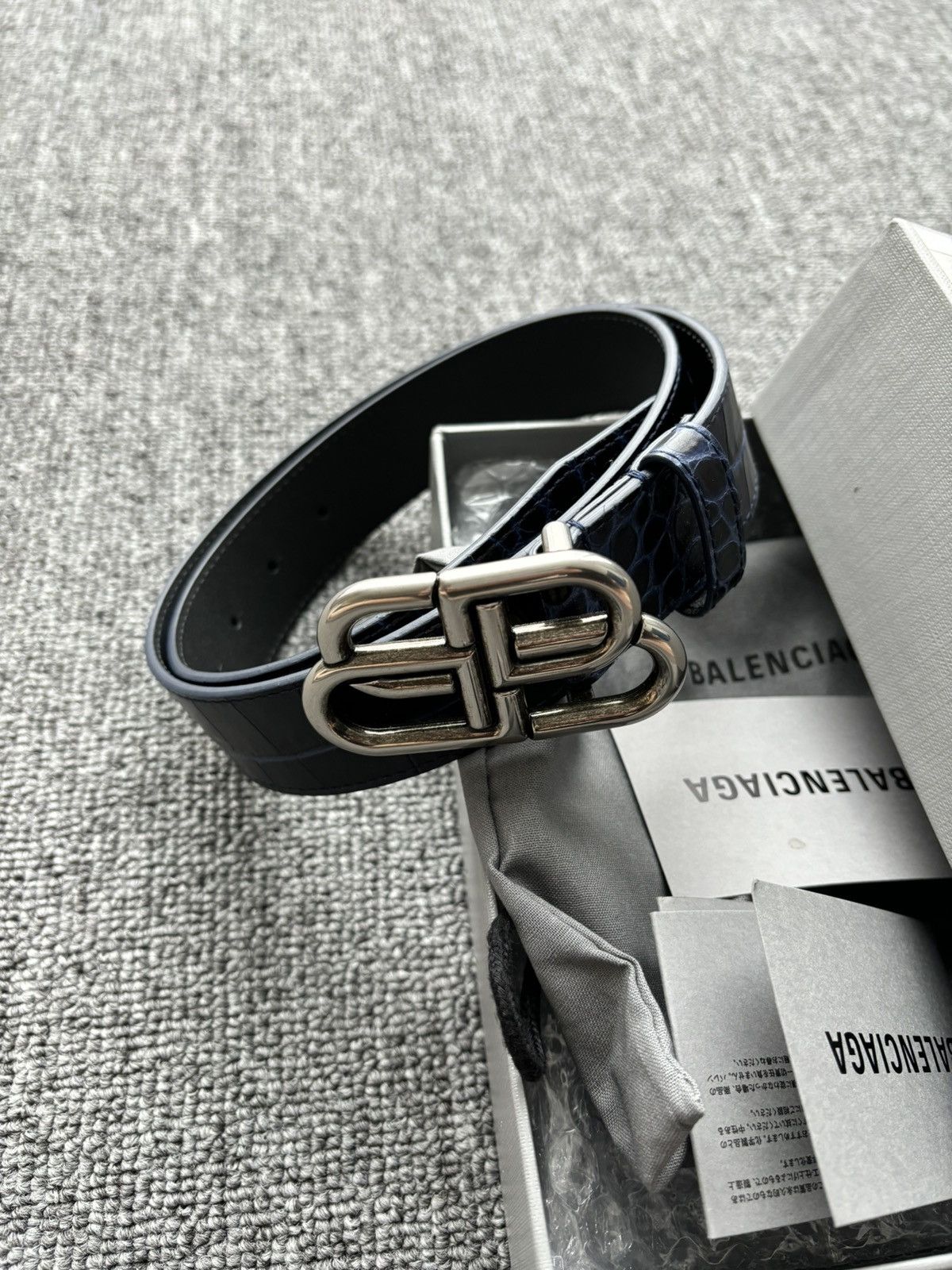 image of Balenciaga Bb Logo Leather Belts in Navy, Women's