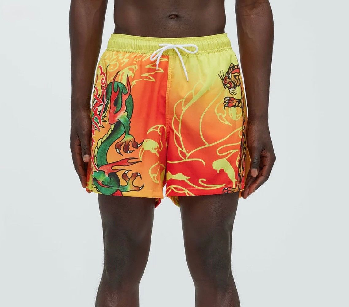 Ed Hardy Tiger And Dragon Lined Swim Trunks - Orange/combo