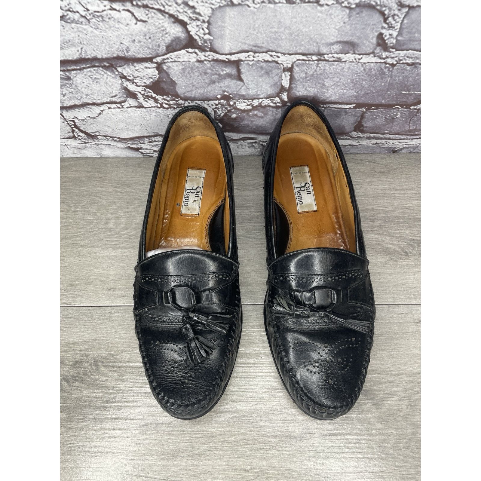 Other SAN REMO Black Leather Wingtip Tassel Loafers Dress Shoes Me Size US 12 / EU 45 - 3 Thumbnail
