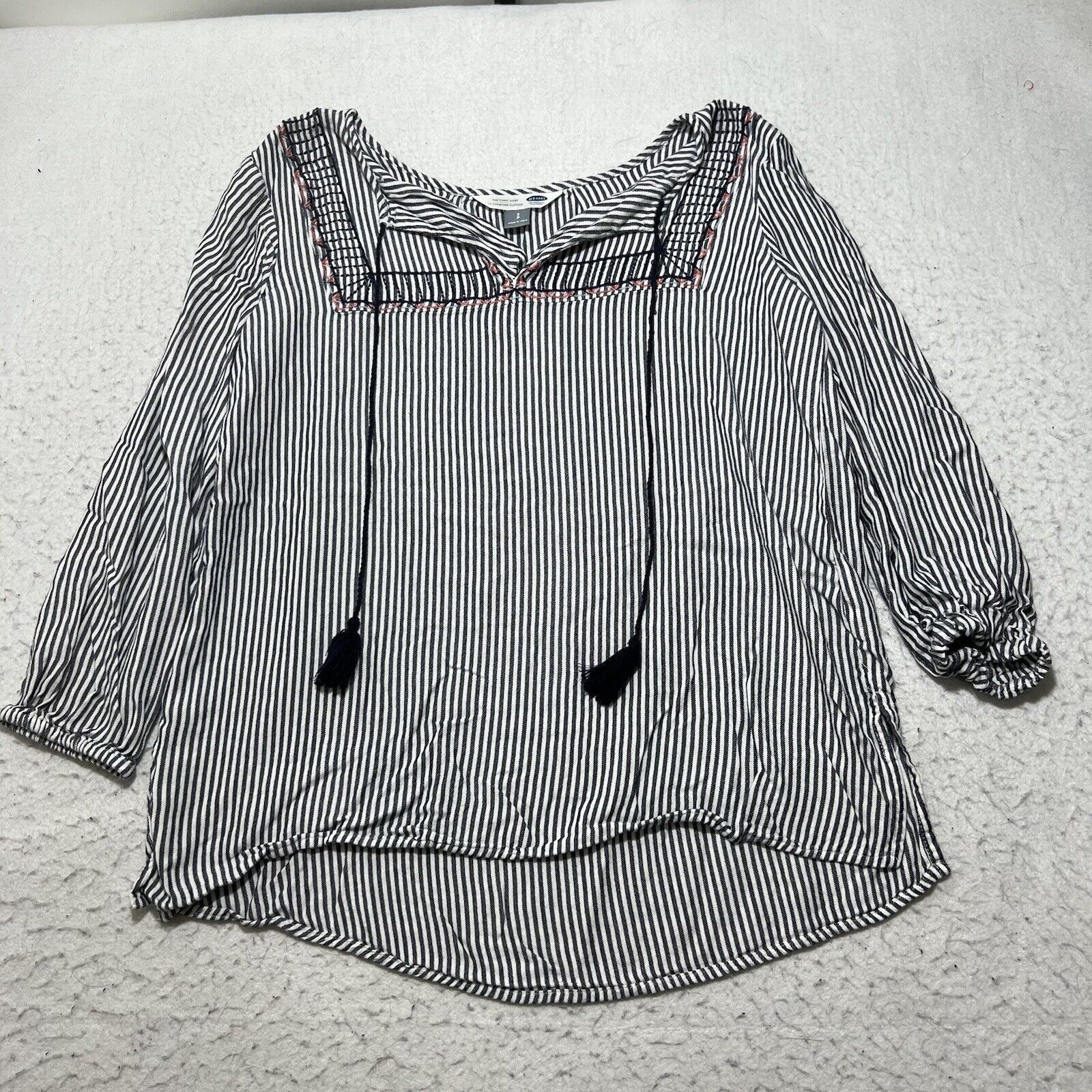 Old Navy Old Navy Tunic Small Tasseled 3/4 Sleeve Blue Striped Blouse Size S / US 4 / IT 40 - 1 Thumbnail