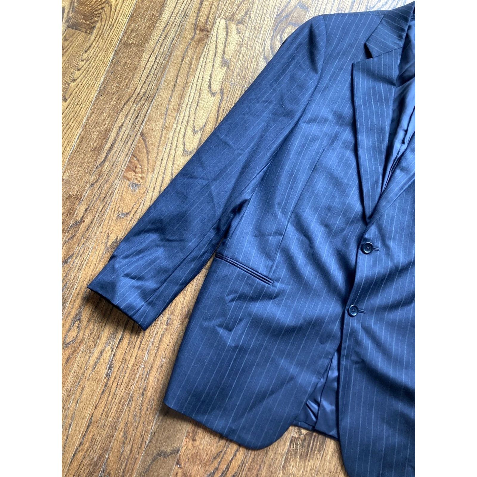 Giorgio Armani Armani Collezioni Giorgio Blazer Mens 42L Black Pinstripe Wool Made In Italy Size 42R - 2 Thumbnail