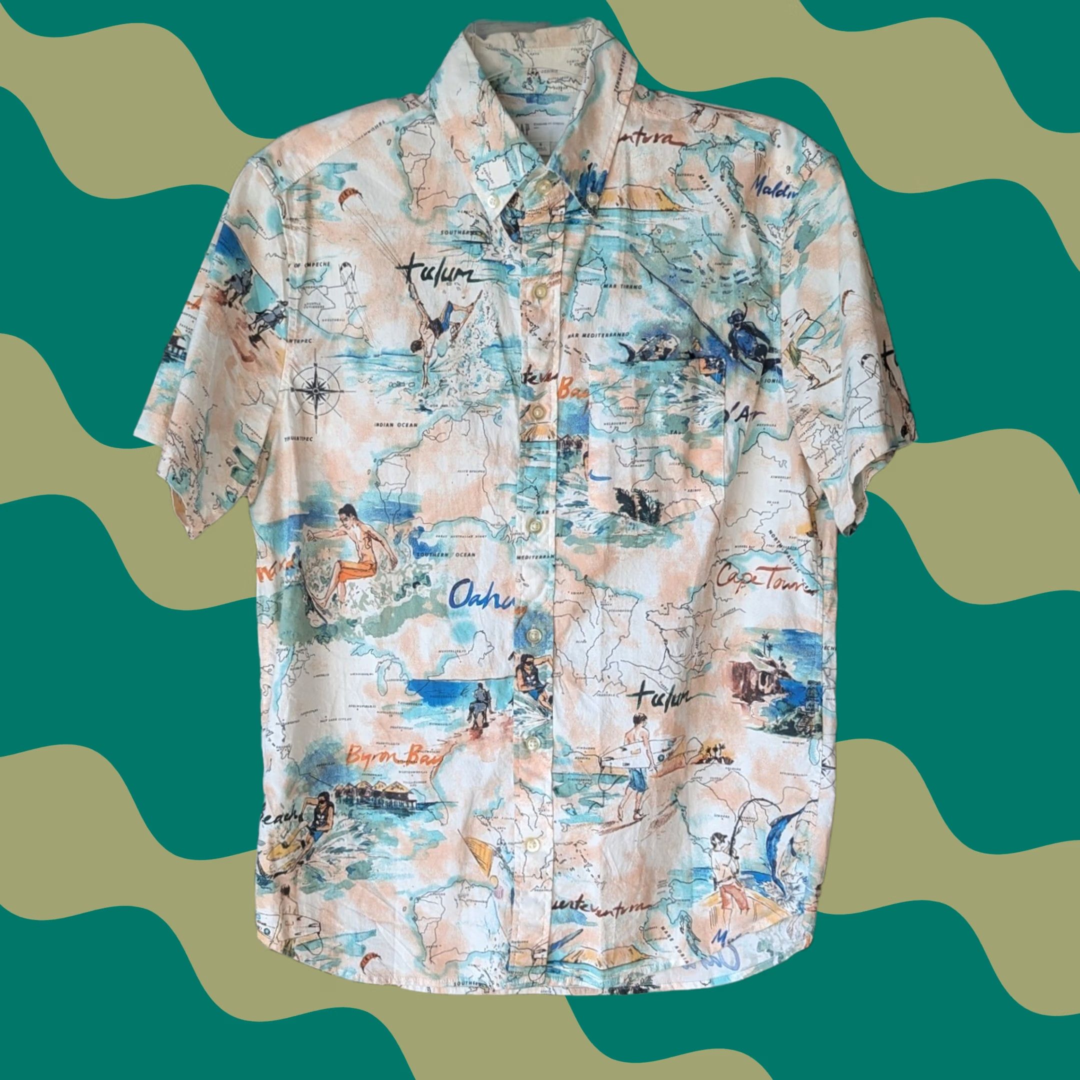 Gap GAP Mens Short Sleeve Button Down Shirt Travel Tulum Map Multicolor S Size US 29 - 1 Thumbnail