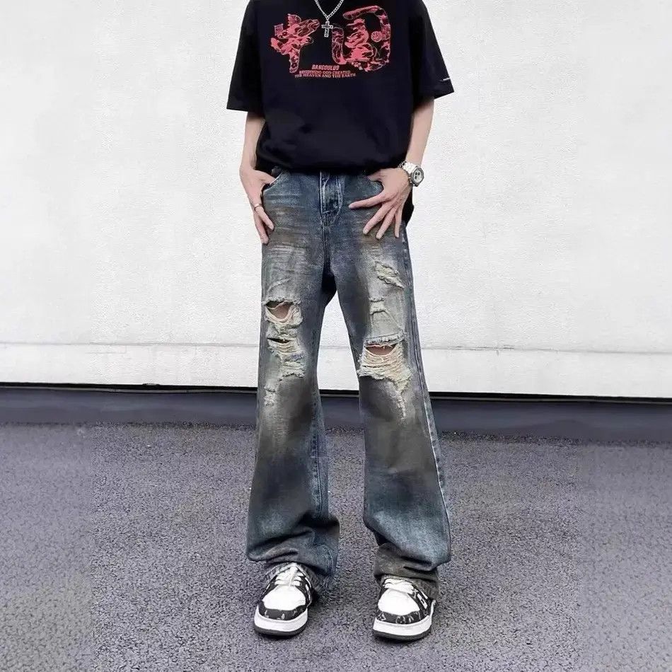 Japanese Brand Retro loose straight leg ripped jeans Size US 32 / EU 48 - 2 Thumbnail