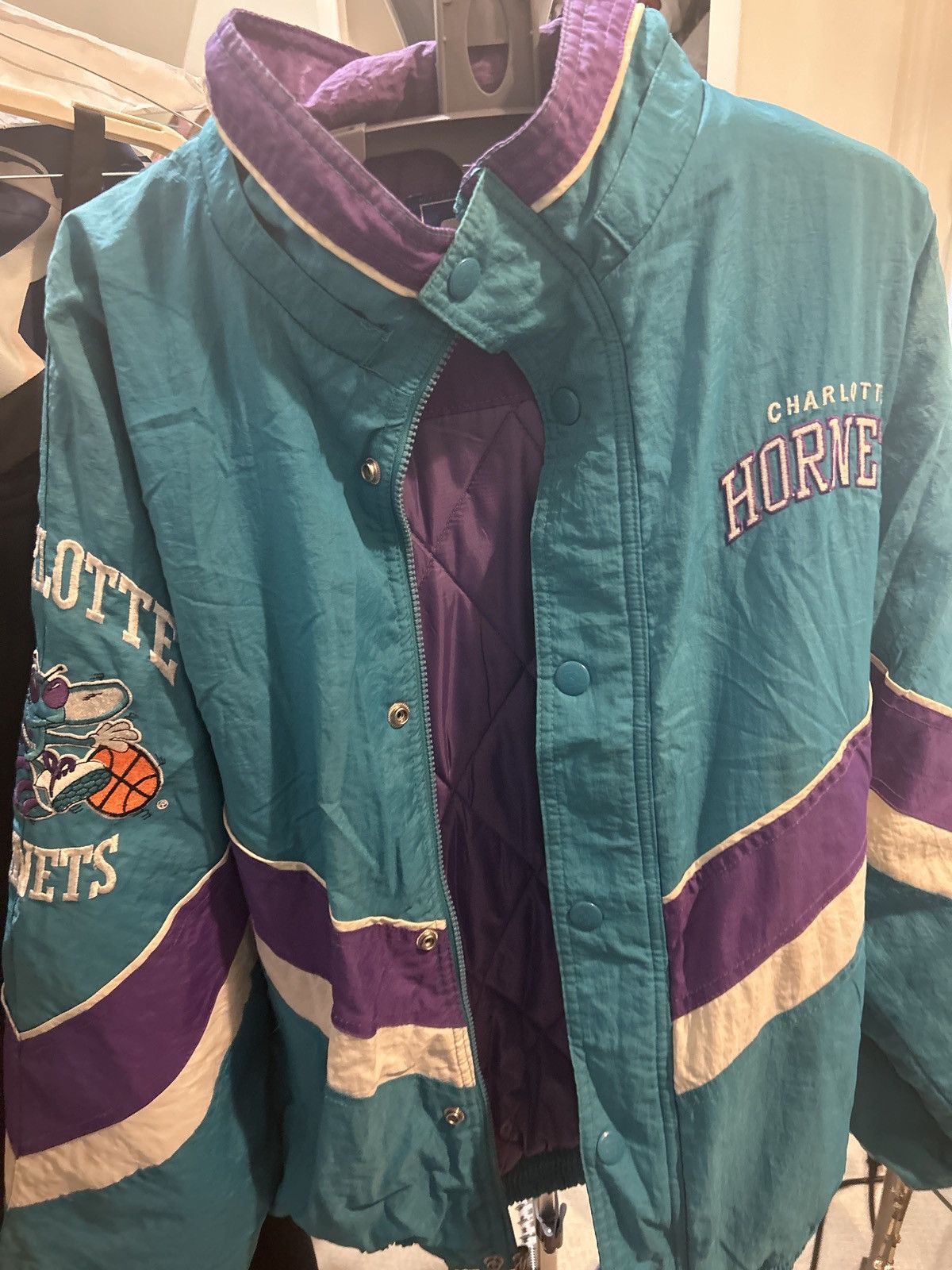 image of NBA x Starter Vintage Charlotte Hornets Starter Jacket in Blue, Men's (Size Large)