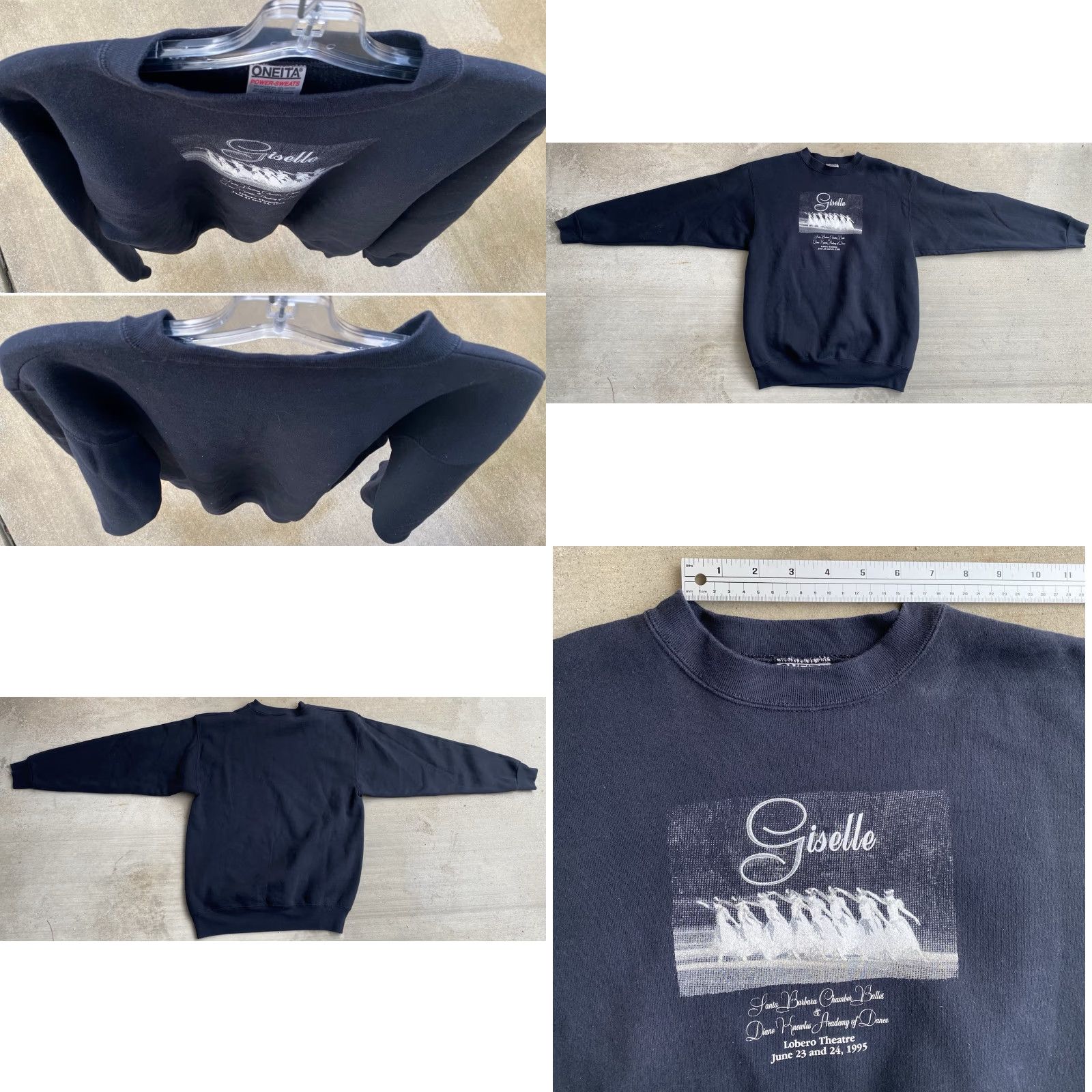 Vintage VINTAGE Oneita Giselle Hoodie Shirt Adults L Black Graphic Print Lobero Theatre 1995 USA Size US L / EU 52-54 / 3 - 10 Thumbnail
