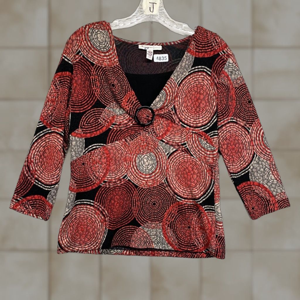 JM Collection JM Collection Womens Blouse Shirt Top Circle Ring Front V-Neck Long Sleeve Petite Medium Red Geometric Pattern Pullover Casual Party/Cocktail Womens Size M / US 6-8 / IT 42-44 - 1 Thumbnail