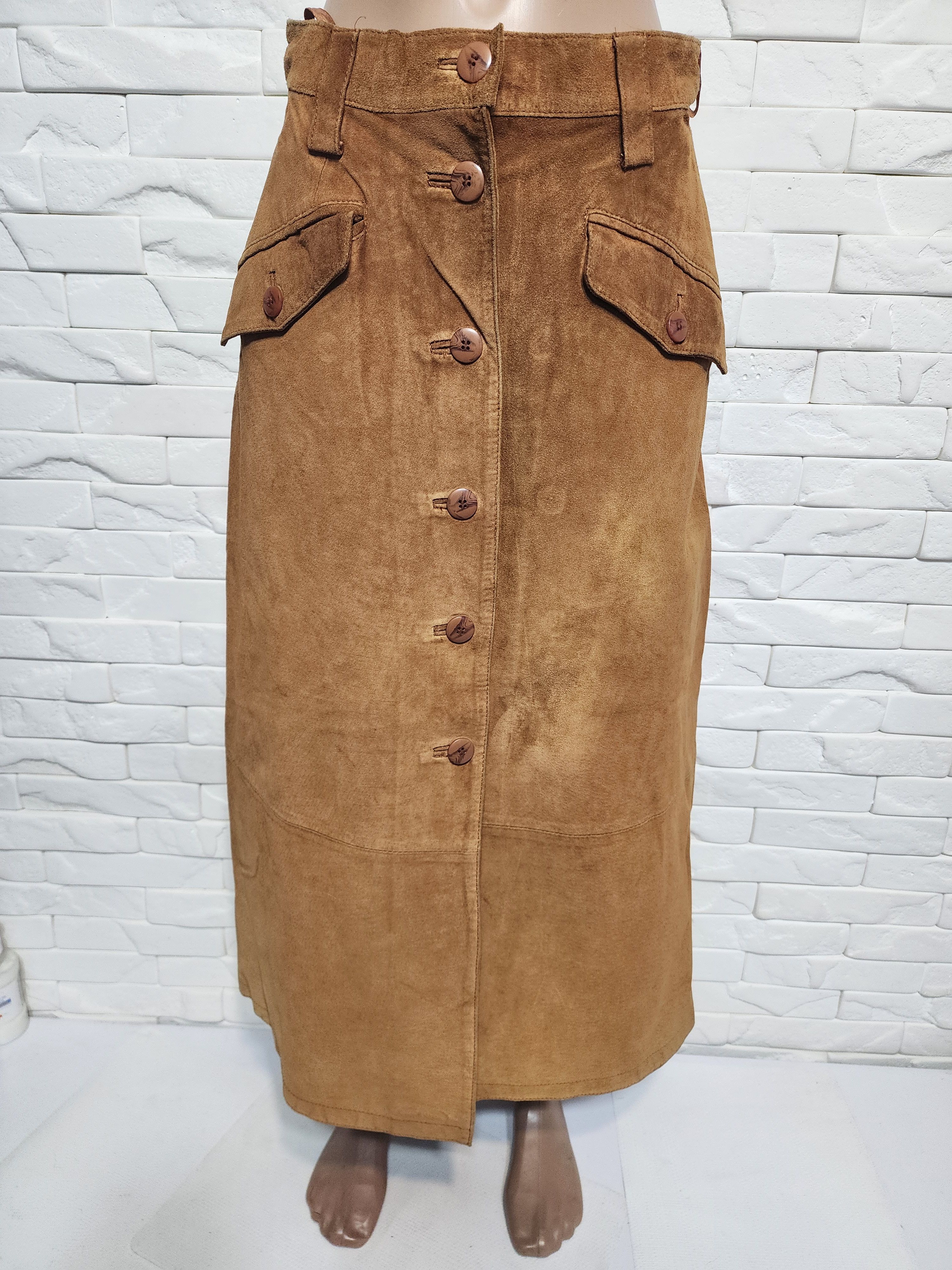 Other Brown Suede Leather Skirt, Plastic Buttons Fasteners Size 28" / US 6 / IT 42 - 1 Thumbnail