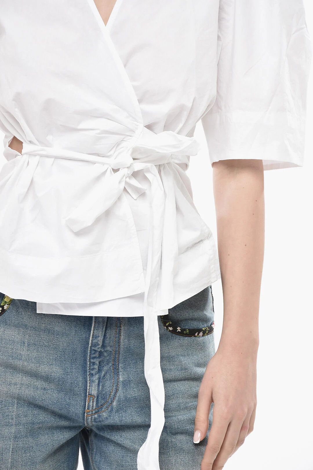 Ganni og1mm0426 Poplin Wrap Blouse in White Size M / US 6-8 / IT 42-44 - 3 Thumbnail