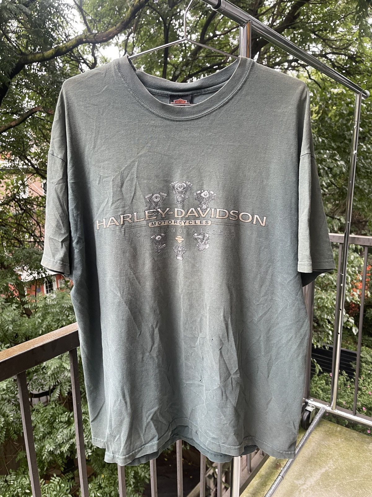 image of Thrashed Harley Davidson Faded Engine Logo Tee in Green, Men's (Size XL)