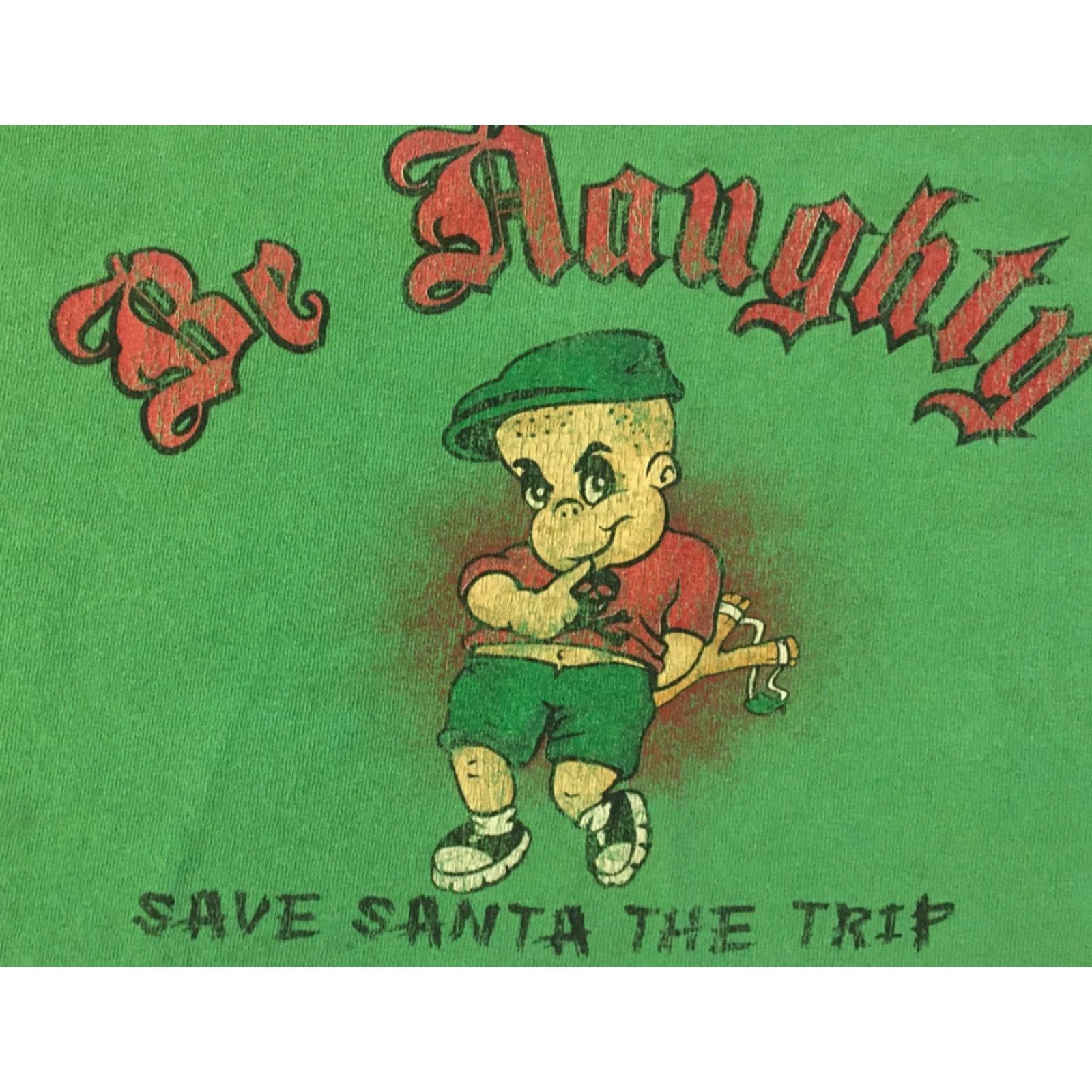 Vintage VINTAGE 90s Be Naughty Save Santa The Trip Distressed Shirt 2XL Green Graphic Tee Mens Grunge Christmas Holiday Dec 25 100% Cotton Size US XXL / EU 58 / 5 - 2 Thumbnail