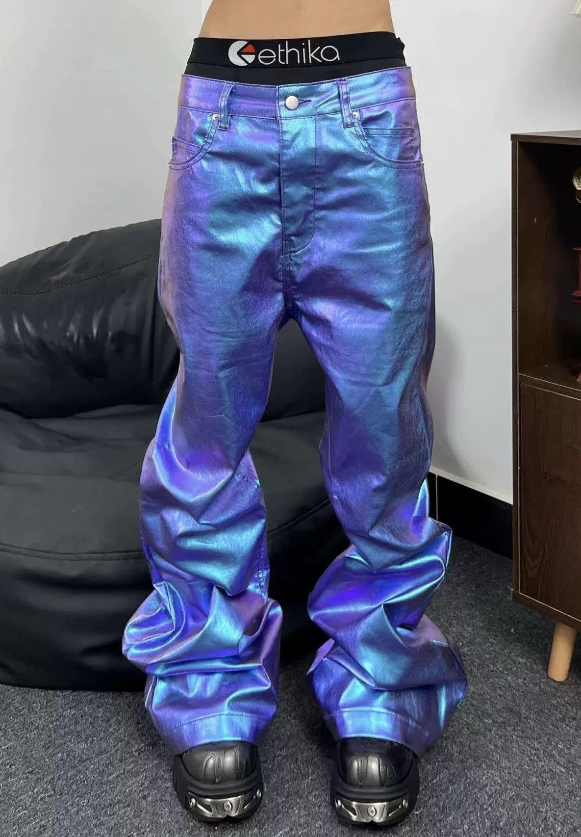 Japanese Brand × Vintage Retro punk y2k holographic hologram shiny flared pants Size US 32 / EU 48 - 1 Thumbnail