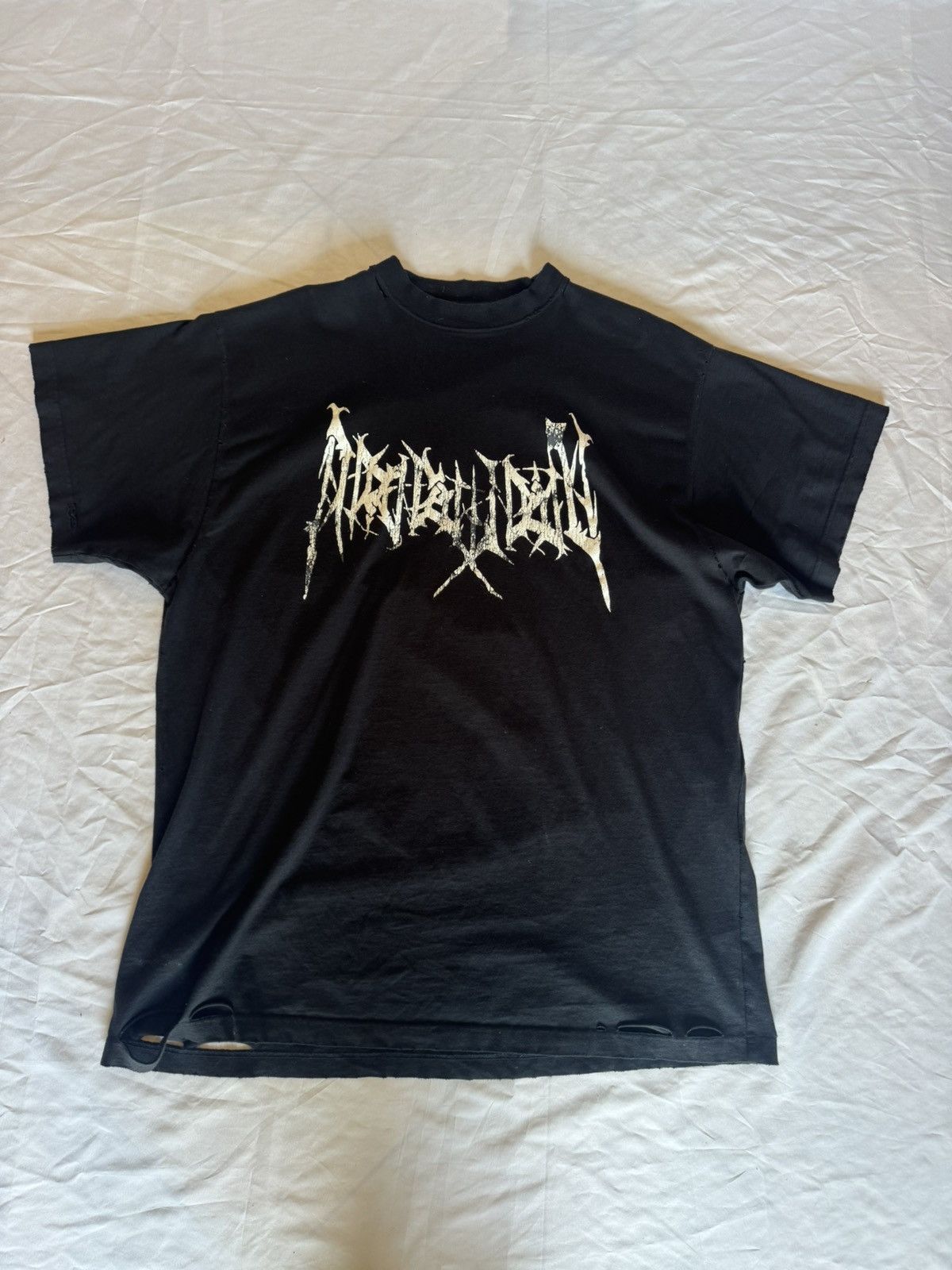 Balenciaga Dark Gray Metal Logo Oversized Distressed T-Shirt