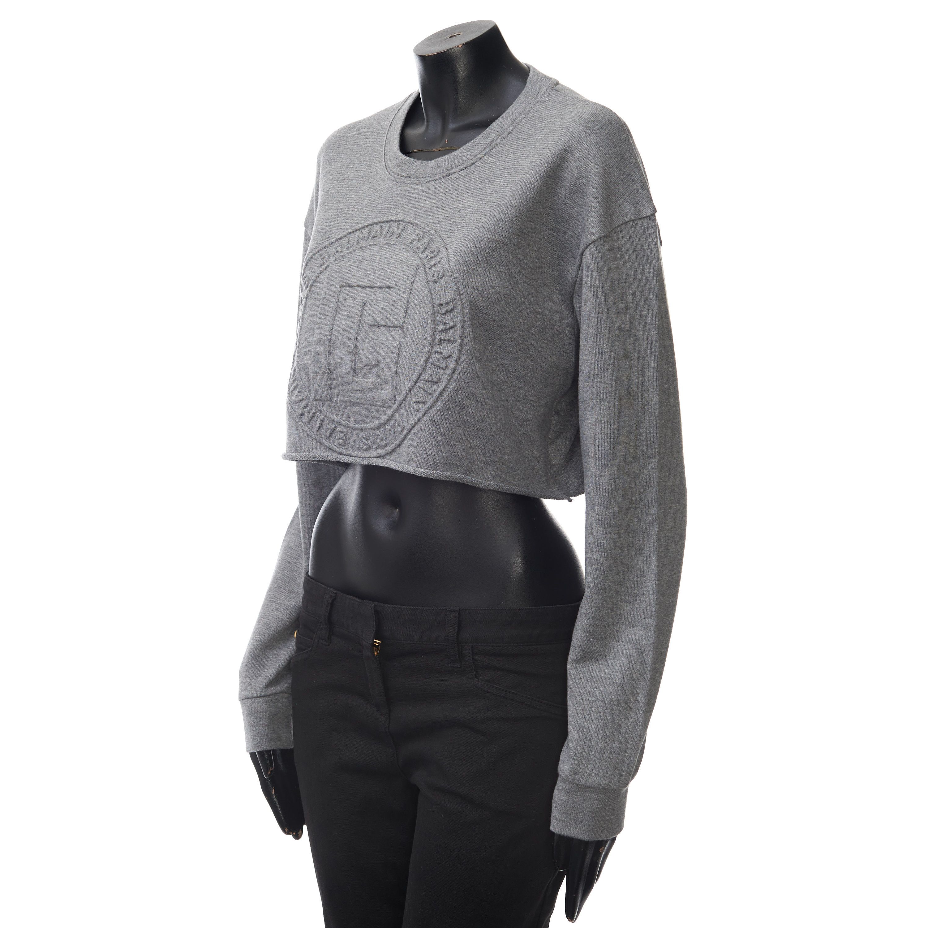 Balmain Cropped Heather Gray Sweatshirt With Embossed Balmain Logo Size XL / US 12-14 / IT 48-50 - 2 Thumbnail